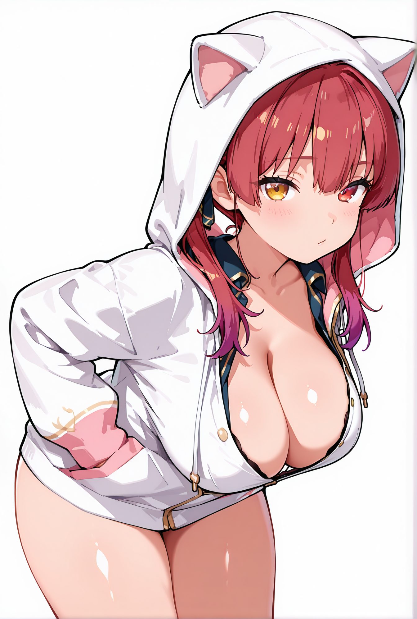 sensitive, 1girl, solo, long_hair, breasts, looking_at_viewer, blush, bangs, large_breasts, simple_background, red_eyes, long_sleeves, white_background, animal_ears, cleavage, twintails, closed_mouth, collarbone, jacket, yellow_eyes, thighs, red_hair, cowboy_shot, virtual_youtuber, cat_ears, hood, bra, shiny_skin, hoodie, leaning_forward, heterochromia, white_jacket, hooded_jacket, hood_up, animal_hood, hands_in_pockets, cat_hood, partially_unzipped, houshou_marine, ブラジャー, 下着, ツインテール, バーチャルYouTuber, パーカー, 巨乳, 宝鐘マリン, 胸チラ, うさ耳, ホロライブ, ぱっつん, 獣耳, 長い髪, 赤面, 前髪, 大きな胸, 赤い目, 動物耳, 口閉じ, 鎖骨, 赤髪, ブラ, 光沢肌