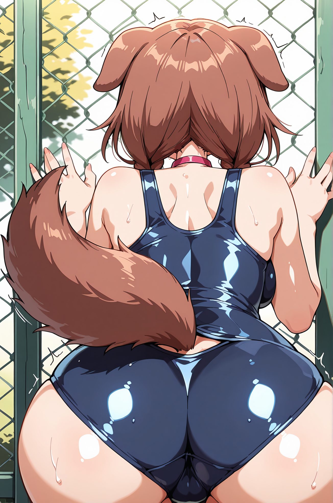 questionable, 1girl, solo, long_hair, breasts, large_breasts, brown_hair, animal_ears, bare_shoulders, tail, swimsuit, ass, braid, sweat, outdoors, choker, shiny, virtual_youtuber, from_behind, twin_braids, collar, one-piece_swimsuit, shiny_skin, cameltoe, back, trembling, school_swimsuit, dog_ears, shiny_clothes, dog_tail, blue_one-piece_swimsuit, fence, dog_girl, facing_away, red_collar, animal_collar, chain-link_fence, backboob, tail_through_clothes, inugami_korone, 長い髪, 大きな胸, 茶髪, 動物耳, 肩出し, 水着, 汗, チョーカー, 光沢, バーチャルYouTuber, ツインブレイド, ワンピース水着, 光沢肌, 震え, 学校水着, 戌神ころね
