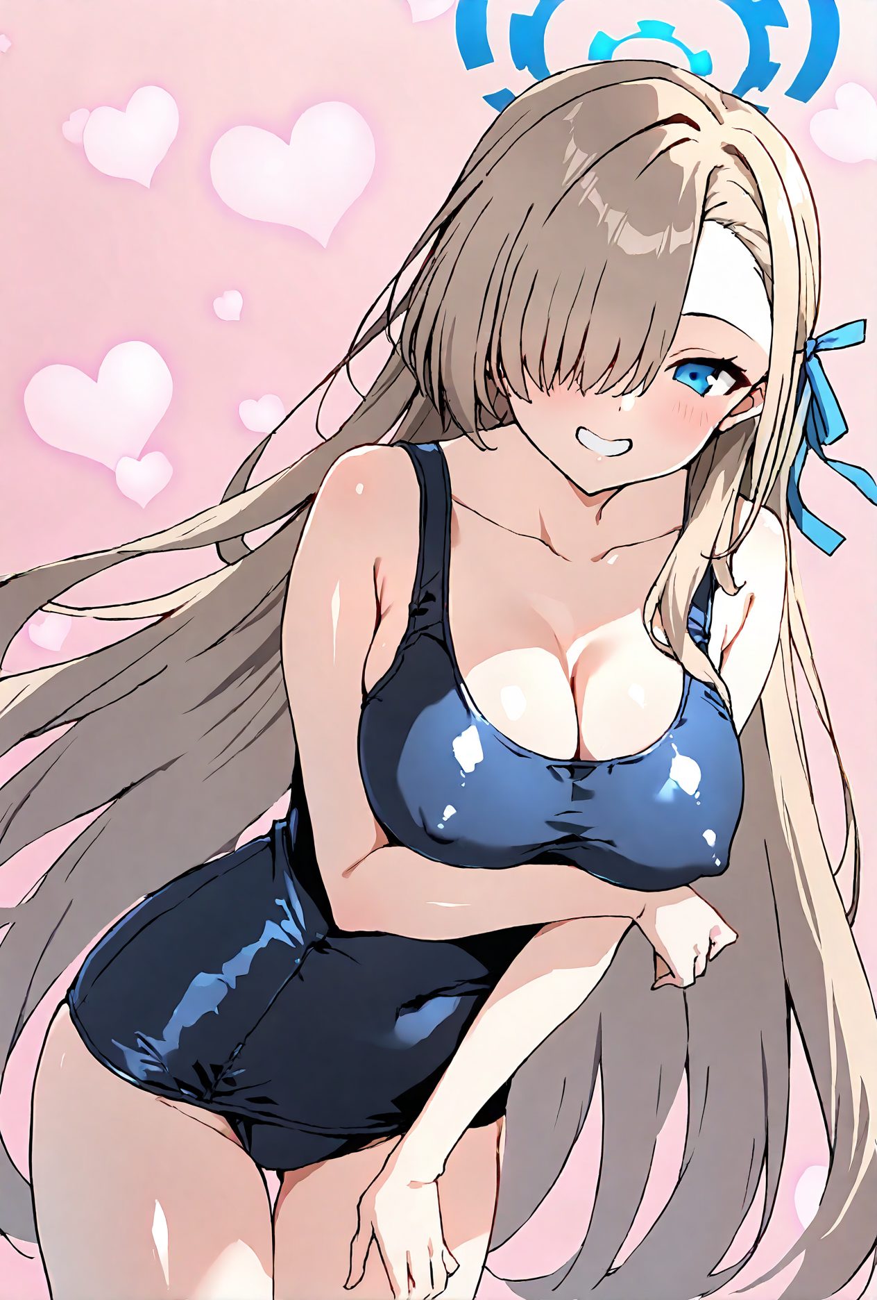 1girl, breasts, asuna \(blue archive\), swimsuit, solo, long hair, one-piece swimsuit, blue eyes, large breasts, hair over one eye, smile, cleavage, school swimsuit, halo, heart background, looking at viewer, blue one-piece swimsuit, alternate costume, heart, blush, ribbon, bangs, grin, hair ribbon, covered nipples, very long hair, collarbone, light brown hair, covered navel, cowboy shot, blue ribbon, one eye covered, arm under breasts, bare shoulders, thighs, hand on own thigh, 赤面, 笑顔, 胸チラ, 乳首チラ, 水着, ロングヘア, 巨乳, ぱっつん, ワンピース, アングル, スクール水着, Posted, アスナ（ブルーアーカイブ）, 長い髪, ワンピース水着, 青い目, 大きな胸, 学校水着, リボン, 前髪, 髪リボン, とても長い髪, 鎖骨, 肩出し