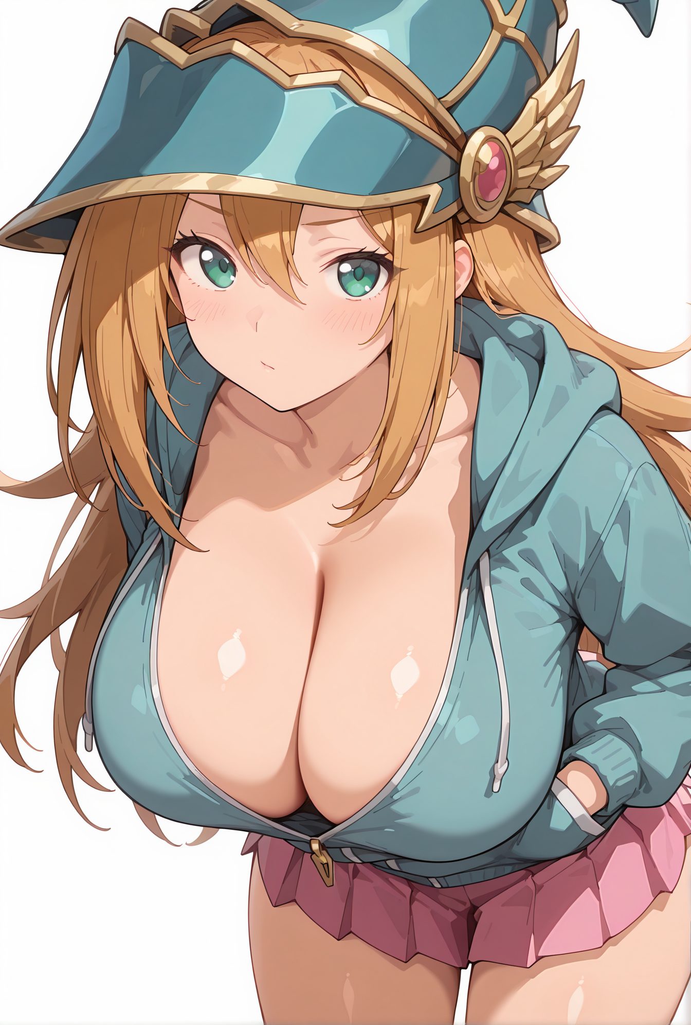 sensitive, 1girl, solo, long_hair, breasts, looking_at_viewer, blush, bangs, skirt, blonde_hair, large_breasts, simple_background, long_sleeves, hat, white_background, cleavage, hair_between_eyes, closed_mouth, green_eyes, collarbone, jacket, thighs, cowboy_shot, pleated_skirt, hood, miniskirt, huge_breasts, hoodie, leaning_forward, hood_down, blue_headwear, pink_skirt, hands_in_pockets, duel_monster, blue_hoodie, partially_unzipped, wizard_hat, dark_magician_girl, 魔法使い, 帽子, パーカー, 巨乳, 胸チラ, ブラック・マジシャン・ガール, スカート, ぱっつん, 遊戯王, 長い髪, 赤面, 前髪, 金髪, 大きな胸, 目にかかる髪, 口閉じ, 緑の目, 鎖骨, ミニスカート, 巨大な胸