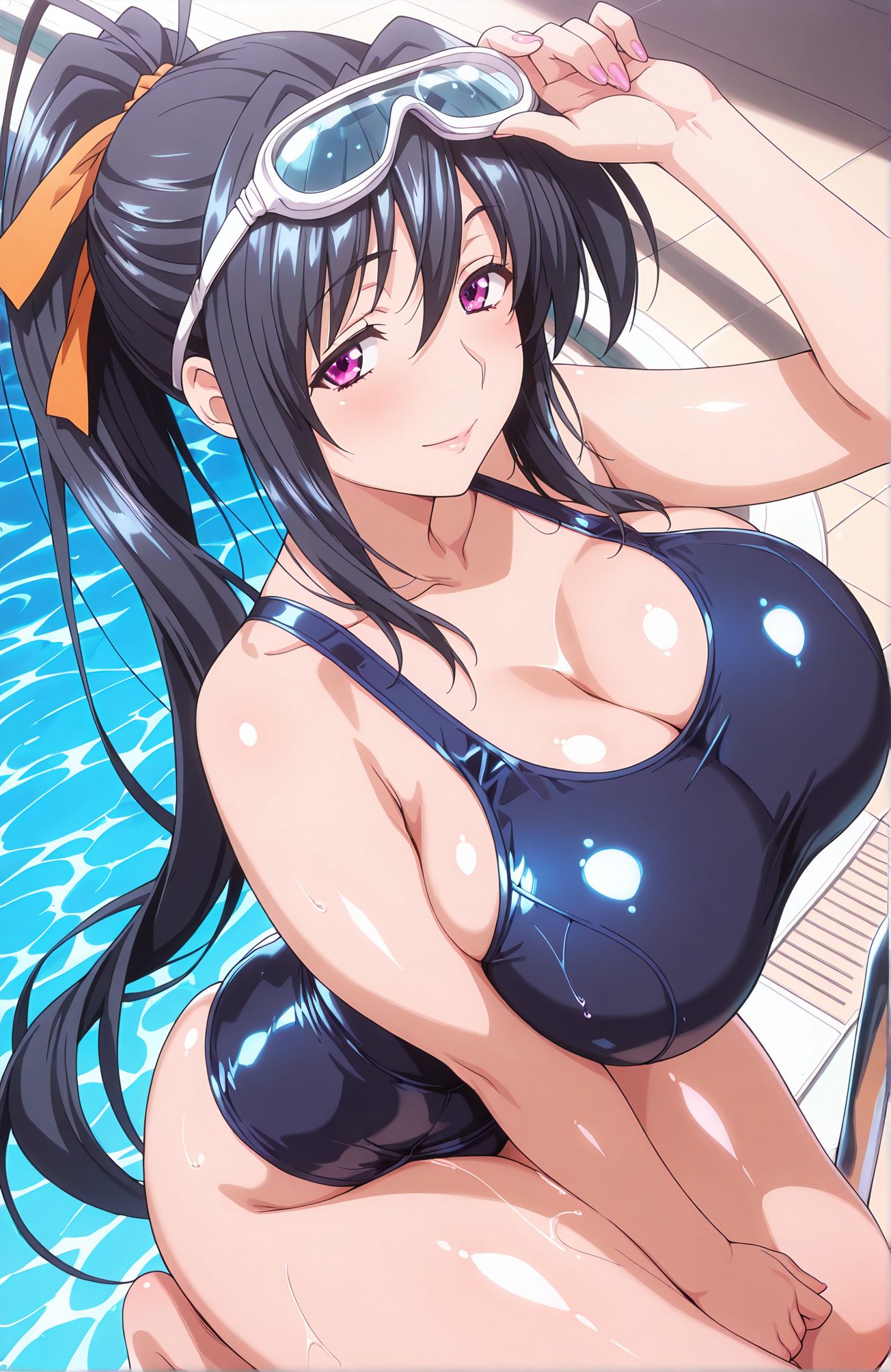 sensitive, 1girl, solo, long_hair, breasts, looking_at_viewer, blush, smile, bangs, large_breasts, black_hair, ribbon, cleavage, bare_shoulders, sitting, very_long_hair, purple_eyes, collarbone, swimsuit, hair_ribbon, ponytail, sidelocks, thighs, shiny, wet, one-piece_swimsuit, shiny_skin, school_swimsuit, goggles, goggles_on_head, shiny_clothes, blue_one-piece_swimsuit, pool, poolside, orange_ribbon, himejima_akeno, 長い髪, 赤面, 笑顔, 前髪, 大きな胸, 黒髪, リボン, 肩出し, 座り, とても長い髪, 鎖骨, 水着, 髪リボン, ポニーテール, サイドロック, 光沢, ワンピース水着, 光沢肌, 学校水着, 姫島朱乃