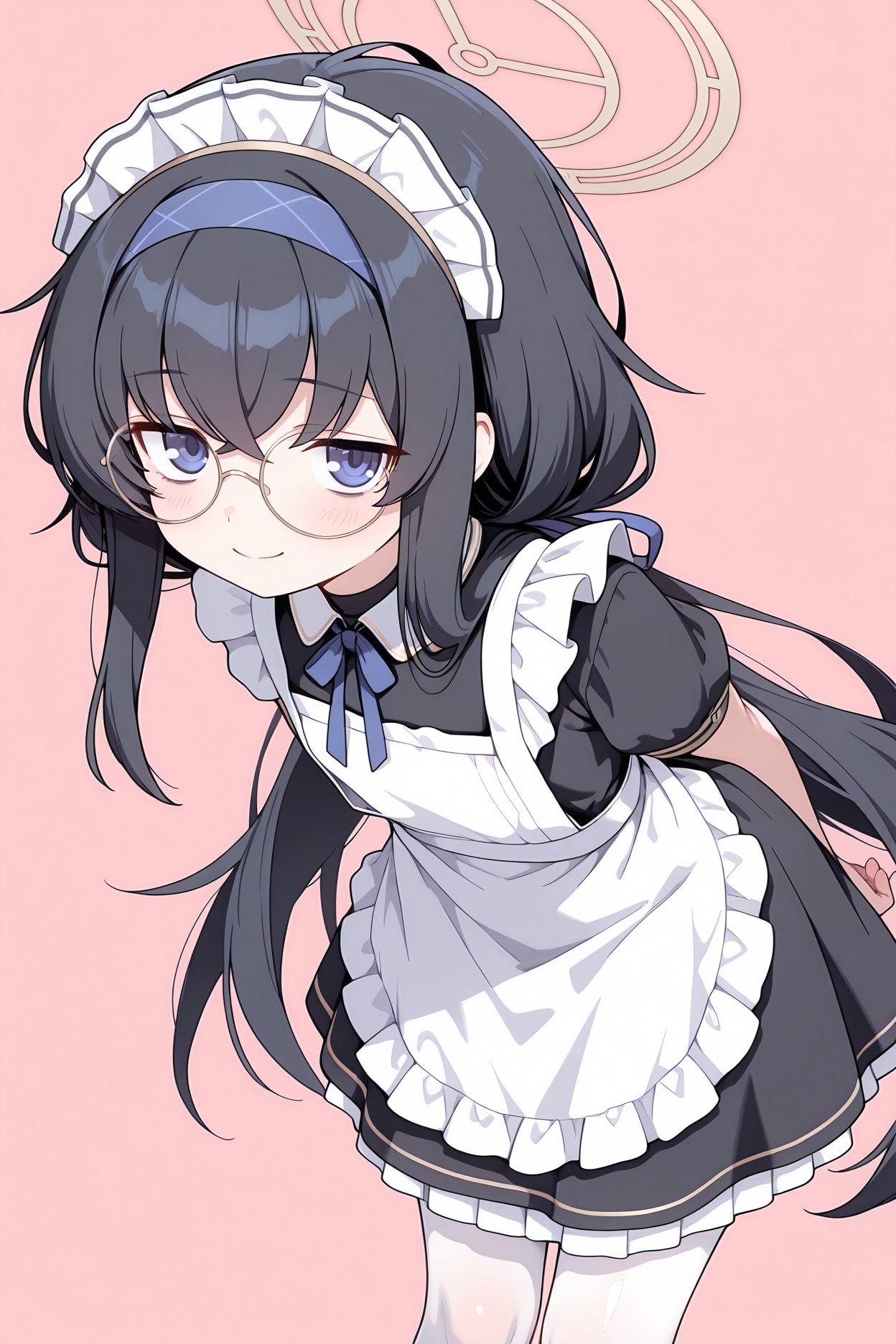 general, sensitive, 1girl, solo, long_hair, looking_at_viewer, blush, smile, bangs, blue_eyes, simple_background, black_hair, dress, ribbon, hair_between_eyes, twintails, very_long_hair, closed_mouth, short_sleeves, pantyhose, hairband, frills, glasses, alternate_costume, puffy_sleeves, apron, black_dress, maid, maid_headdress, leaning_forward, halo, arms_behind_back, pink_background, blue_ribbon, white_apron, maid_apron, white_pantyhose, frilled_apron, enmaided, round_eyewear, blue_hairband, ui_(blue_archive), 長い髪, 赤面, 笑顔, 前髪, 青い目, 黒髪, リボン, 目にかかる髪, ツインテール, とても長い髪, 口閉じ, パンスト, ヘアバンド, ウイ（ブルーアーカイブ）