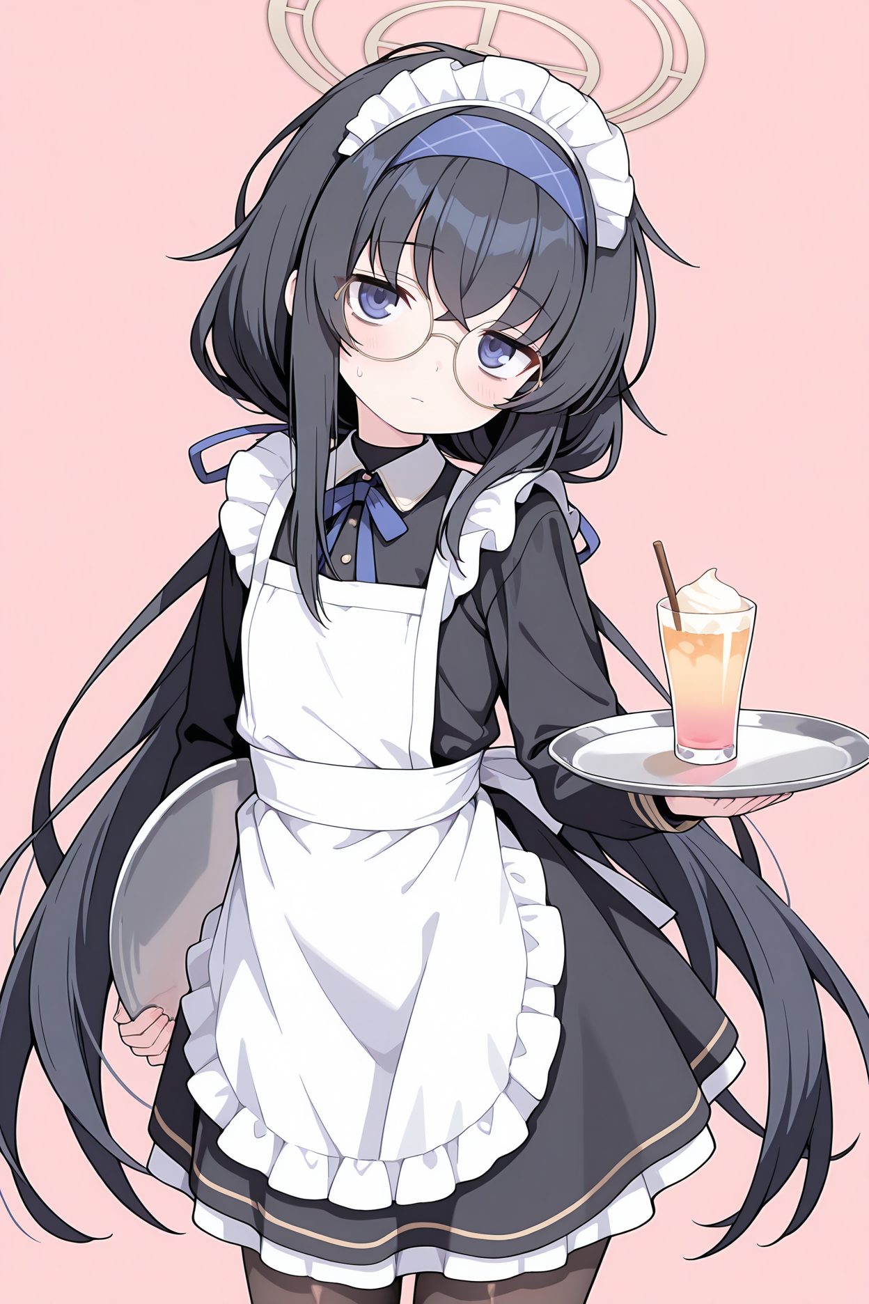 general, sensitive, 1girl, solo, long_hair, looking_at_viewer, blush, bangs, blue_eyes, simple_background, black_hair, long_sleeves, dress, ribbon, holding, hair_between_eyes, twintails, very_long_hair, closed_mouth, pantyhose, hairband, frills, glasses, alternate_costume, sweatdrop, apron, black_dress, cup, black_pantyhose, maid, maid_headdress, low_twintails, halo, pink_background, blue_ribbon, white_apron, maid_apron, tray, frilled_apron, enmaided, round_eyewear, bags_under_eyes, holding_tray, blue_hairband, ui_(blue_archive), 長い髪, 赤面, 前髪, 青い目, 黒髪, リボン, 目にかかる髪, ツインテール, とても長い髪, 口閉じ, パンスト, ヘアバンド, 汗滴, ローツインテール, ウイ（ブルーアーカイブ）