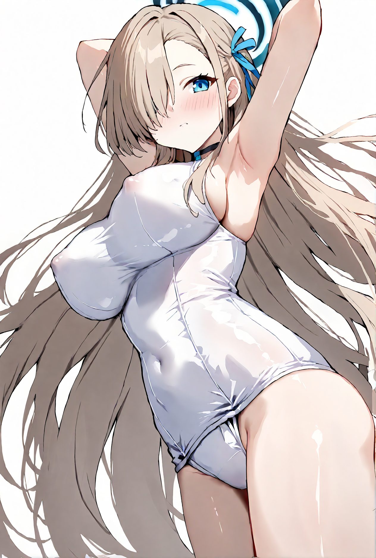 1girl, swimsuit, white one-piece swimsuit, breasts, solo, one-piece swimsuit, large breasts, long hair, blue eyes, halo, asuna \(blue archive\), armpits, hair over one eye, school swimsuit, alternate costume, covered navel, blush, looking at viewer, choker, arms up, white background, very long hair, covered nipples, bangs, simple background, ribbon, arms behind head, light brown hair, closed mouth, brown hair, hair ribbon, skindentation, thighs, old school swimsuit, sideboob, 赤面, 乳首チラ, 水着, 横乳, ロングヘア, 巨乳, ぱっつん, ワンピース, スクール水着, Posted, ワンピース水着, 大きな胸, 長い髪, 青い目, アスナ（ブルーアーカイブ）, 学校水着, チョーカー, とても長い髪, 前髪, リボン, 口閉じ, 茶髪, 髪リボン, 旧スクール水着