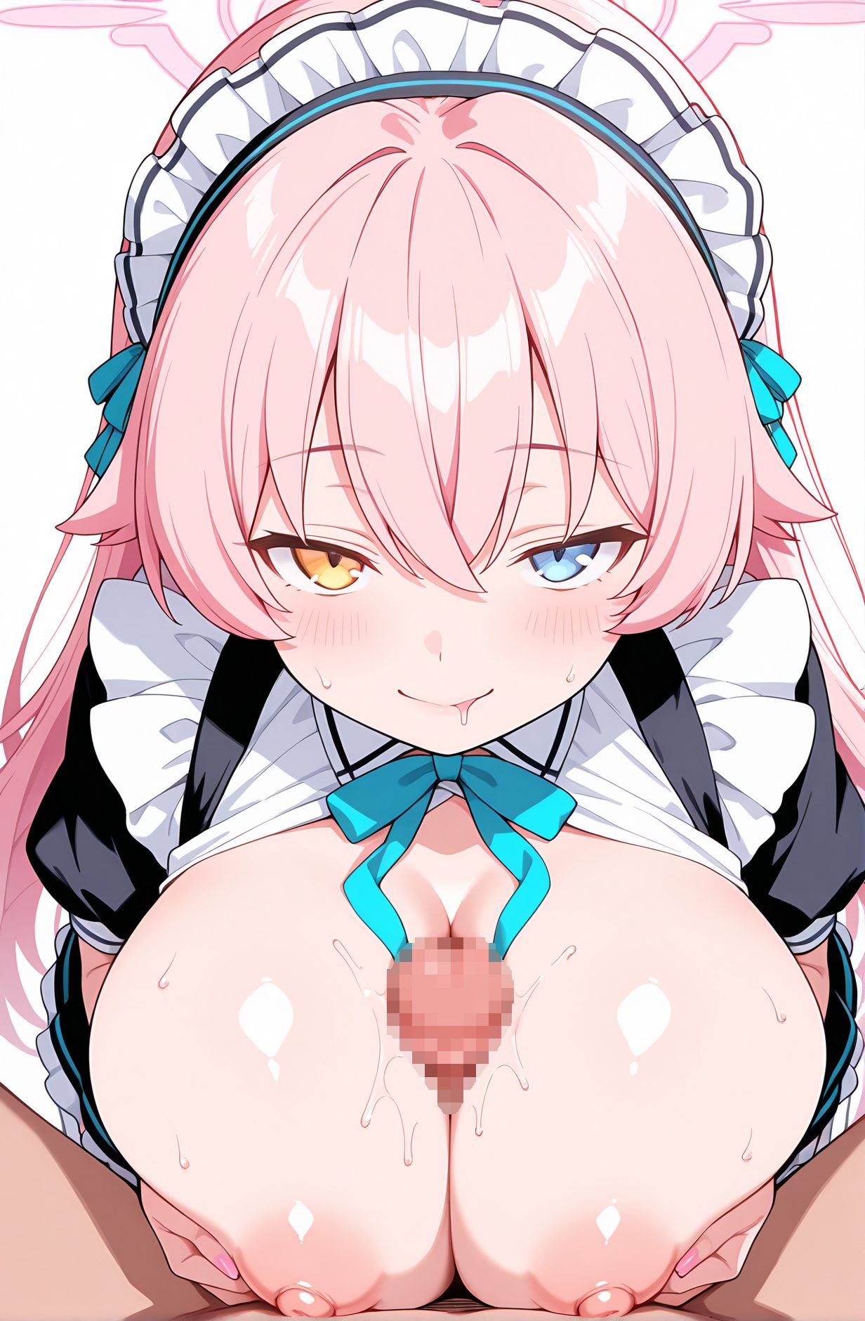 explicit, 1girl, long_hair, breasts, looking_at_viewer, blush, smile, bangs, blue_eyes, large_breasts, simple_background, 1boy, white_background, hair_between_eyes, nipples, yellow_eyes, pink_hair, short_sleeves, hetero, sweat, penis, solo_focus, maid, maid_headdress, saliva, uncensored, pov, heterochromia, halo, breasts_out, paizuri, pink_nails, breasts_squeezed_together, pov_crotch, hoshino_(blue_archive), 長い髪, 赤面, 笑顔, 前髪, 青い目, 大きな胸, 目にかかる髪, 乳首, ピンク髪, 汗, よだれ, 無修正, 胸出し, パイズリ, ホシノ（ブルーアーカイブ）, Posted, ホシノ_posted