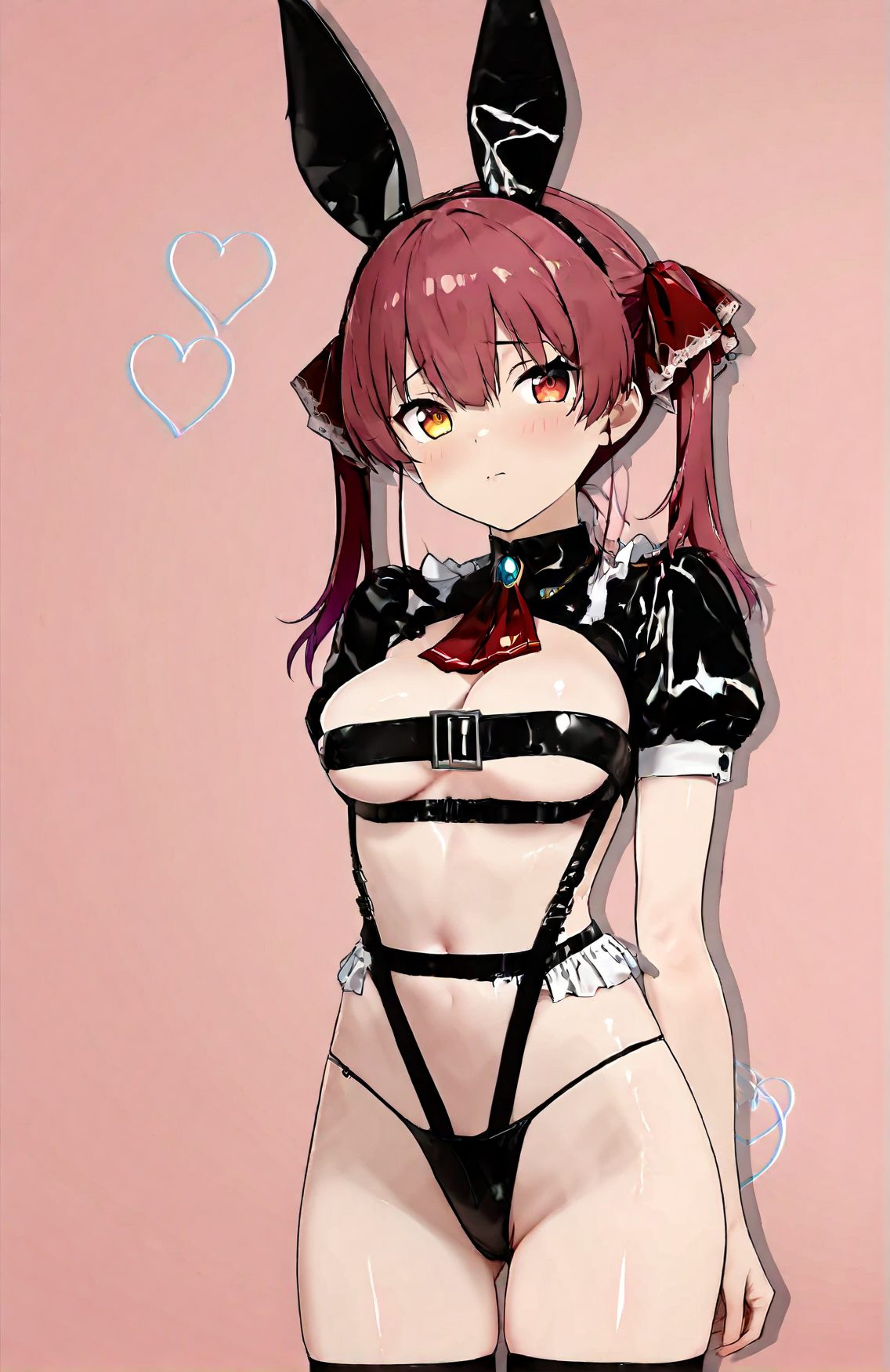 1girl, breasts, solo, virtual youtuber, houshou marine, heterochromia, animal ears, red eyes, yellow eyes, red hair, ascot, rabbit ears, twintails, ribbon, thighhighs, hair ribbon, red ascot, short sleeves, fake animal ears, blush, looking at viewer, closed mouth, navel, bangs, black panties, underwear, panties, puffy sleeves, shrug \(clothing\), stomach, heart, black thighhighs, shiny, puffy short sleeves, underboob, medium breasts, cowboy shot, red ribbon, simple background, long hair, pink background, thighs, meme attire, shiny hair, groin, revealing clothes, cleavage, brooch, hairband, jewelry, standing, highleg, raised eyebrows, alternate costume, buckle, reverse outfit, shadow, 赤面, ツインテール, 胸チラ, 赤髪, 下乳, パンツ, 獣耳, ロングヘア, 下着, 赤目, ぱっつん, うさ耳, アングル, ハイグレ, ホロライブ, 宝鐘マリン, バーチャルYouTuber, 動物耳, 赤い目, リボン, 太ももハイソックス, 髪リボン, 偽動物耳, 口閉じ, 前髪, 光沢, 中くらいの胸, 赤リボン, 長い髪, ヘアバンド, ジュエリー