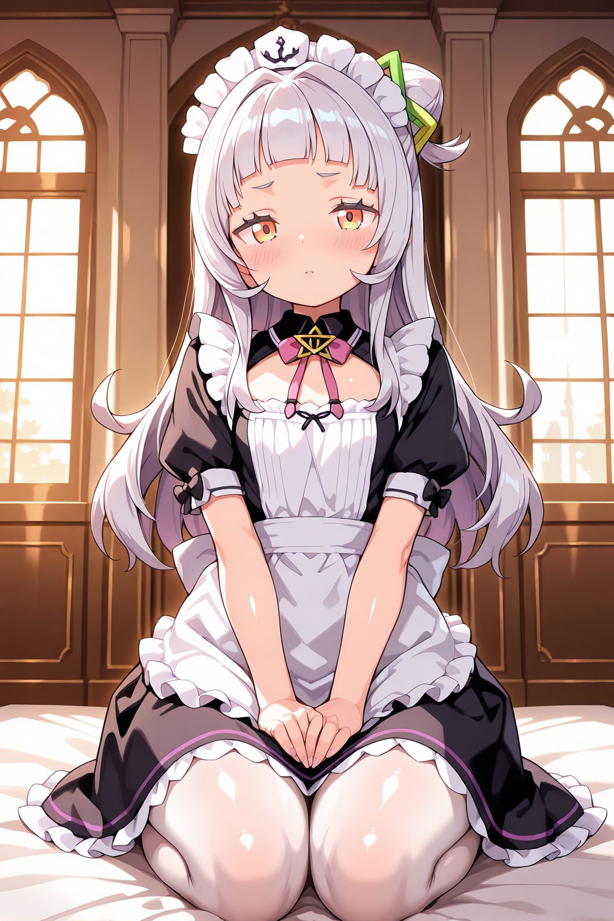 sensitive, 1girl, solo, long_hair, looking_at_viewer, blush, bangs, hair_ornament, dress, sitting, closed_mouth, yellow_eyes, short_sleeves, grey_hair, pantyhose, frills, alternate_costume, puffy_sleeves, indoors, virtual_youtuber, blunt_bangs, hair_bun, apron, black_dress, puffy_short_sleeves, orange_eyes, maid, maid_headdress, window, on_bed, single_hair_bun, white_apron, seiza, maid_apron, white_pantyhose, v_arms, enmaided, single_side_bun, hands_on_lap, murasaki_shion, 長い髪, 赤面, 前髪, 髪飾り, 座り, 口閉じ, 灰髪, パンスト, バーチャルYouTuber, 髪団子, 紫咲シオン