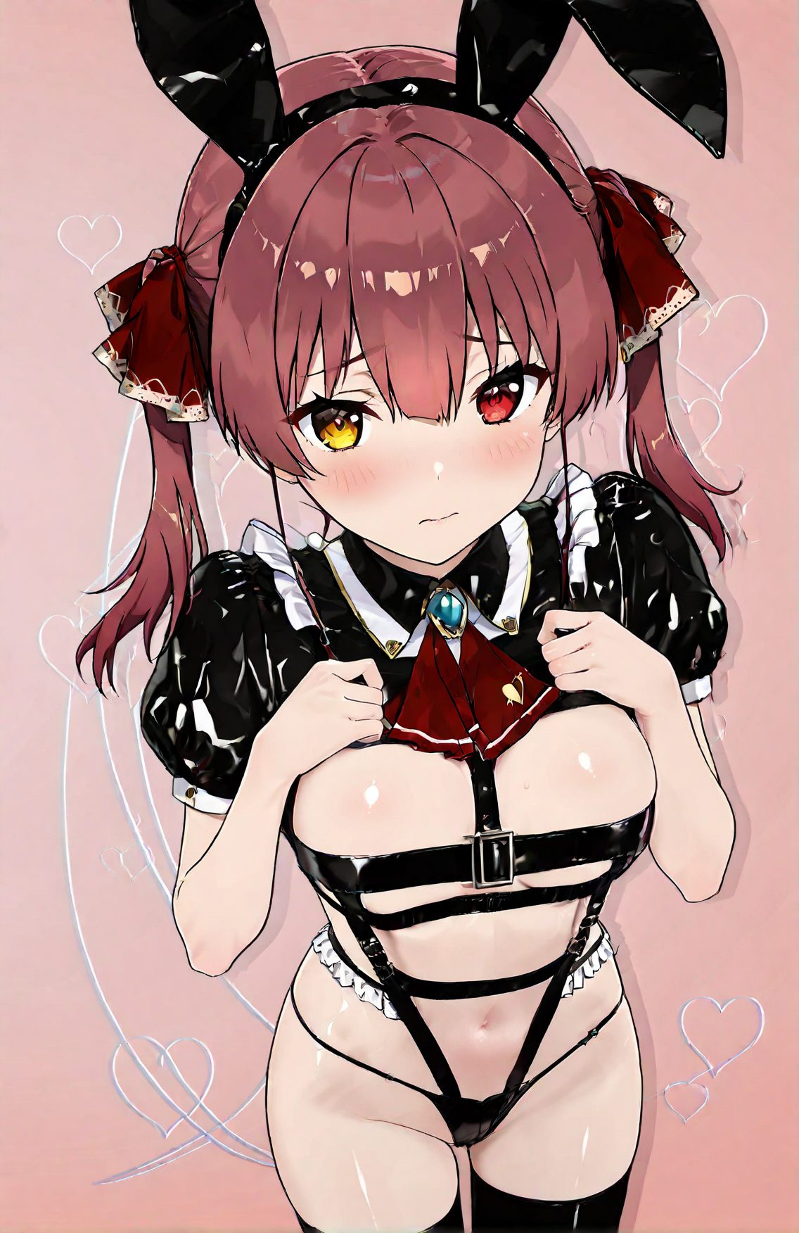 1girl, solo, virtual youtuber, houshou marine, heterochromia, breasts, red ascot, ascot, red eyes, yellow eyes, twintails, red hair, rabbit ears, short sleeves, thighhighs, blush, animal ears, looking at viewer, ribbon, fake animal ears, puffy sleeves, hair ribbon, closed mouth, brooch, bangs, navel, black thighhighs, jewelry, puffy short sleeves, long hair, revealing clothes, large breasts, stomach, heart, shrug \(clothing\), shiny, alternate costume, red ribbon, harness, reverse outfit, hairband, thighs, raised eyebrows, 赤面, ツインテール, 赤髪, 獣耳, 赤目, ロングヘア, 巨乳, ぱっつん, うさ耳, ホロライブ, 宝鐘マリン, バーチャルYouTuber, 赤い目, 太ももハイソックス, 動物耳, リボン, 偽動物耳, 髪リボン, 口閉じ, 前髪, ジュエリー, 長い髪, 大きな胸, 光沢, 赤リボン, ヘアバンド