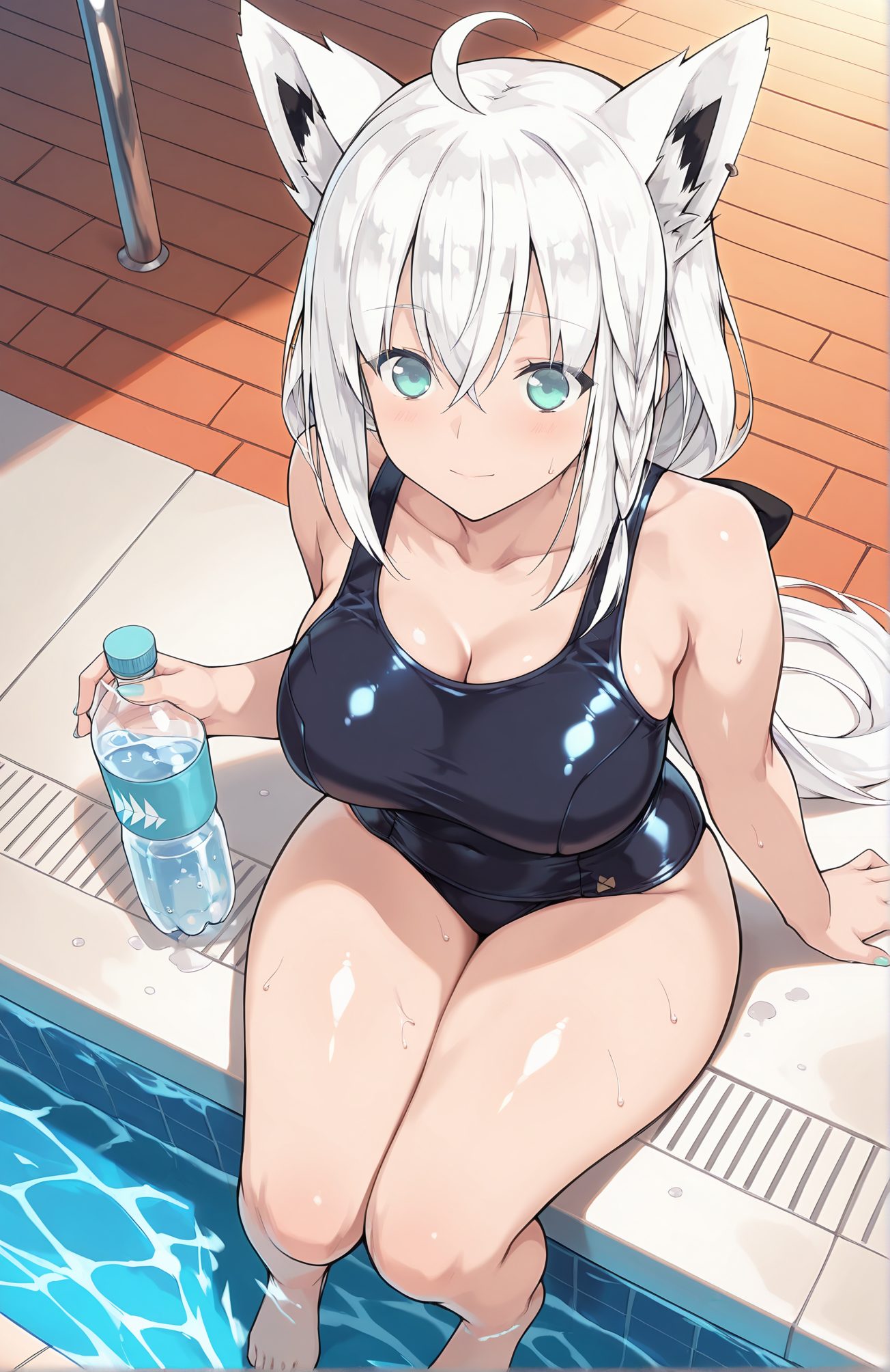 sensitive, 1girl, solo, long_hair, breasts, looking_at_viewer, blush, smile, bangs, large_breasts, holding, animal_ears, cleavage, hair_between_eyes, bare_shoulders, sitting, closed_mouth, collarbone, swimsuit, braid, ahoge, white_hair, sidelocks, thighs, barefoot, virtual_youtuber, water, aqua_eyes, wet, animal_ear_fluff, one-piece_swimsuit, fox_ears, bare_legs, covered_navel, fox_tail, from_above, school_swimsuit, bottle, fox_girl, side_braid, black_one-piece_swimsuit, pool, holding_bottle, soaking_feet, water_bottle, poolside, shirakami_fubuki, 長い髪, 赤面, 笑顔, 前髪, 大きな胸, 動物耳, 目にかかる髪, 肩出し, 座り, 口閉じ, 鎖骨, 水着, アホ毛, 白髪, サイドロック, バーチャルYouTuber, ワンピース水着, 学校水着, 白上フブキ