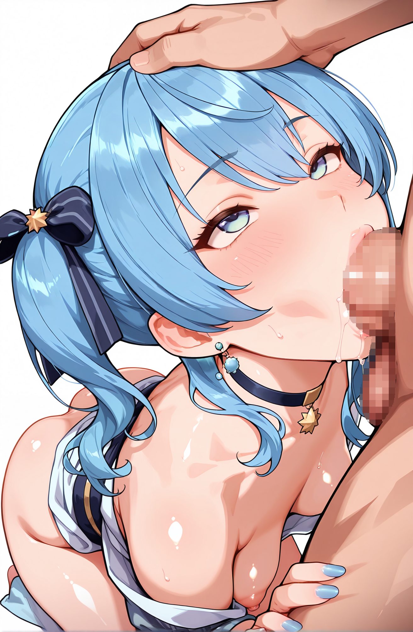 explicit, 1girl, breasts, blush, bangs, blue_eyes, simple_background, 1boy, white_background, bow, ribbon, hair_between_eyes, bare_shoulders, jewelry, nipples, blue_hair, hair_ribbon, ass, hetero, hair_bow, sweat, earrings, small_breasts, penis, solo_focus, choker, shiny, virtual_youtuber, medium_hair, off_shoulder, star_(symbol), nail_polish, side_ponytail, lips, shiny_skin, kneeling, saliva, black_choker, oral, testicles, looking_up, fellatio, blue_nails, veins, hand_on_another's_head, veiny_penis, star_earrings, irrumatio, deepthroat, head_grab, star_choker, hoshimachi_suisei, 赤面, 前髪, 青い目, ボウ, リボン, 目にかかる髪, 肩出し, ジュエリー, 乳首, 青髪, 髪リボン, 髪ボウ, 汗, イヤリング, 小さな胸, チョーカー, 光沢, バーチャルYouTuber, サイドポニーテール, 光沢肌, よだれ, 黒チョーカー, オーラル, フェラチオ, イラマチオ, 星街すいせい, 星街すいせい_posted