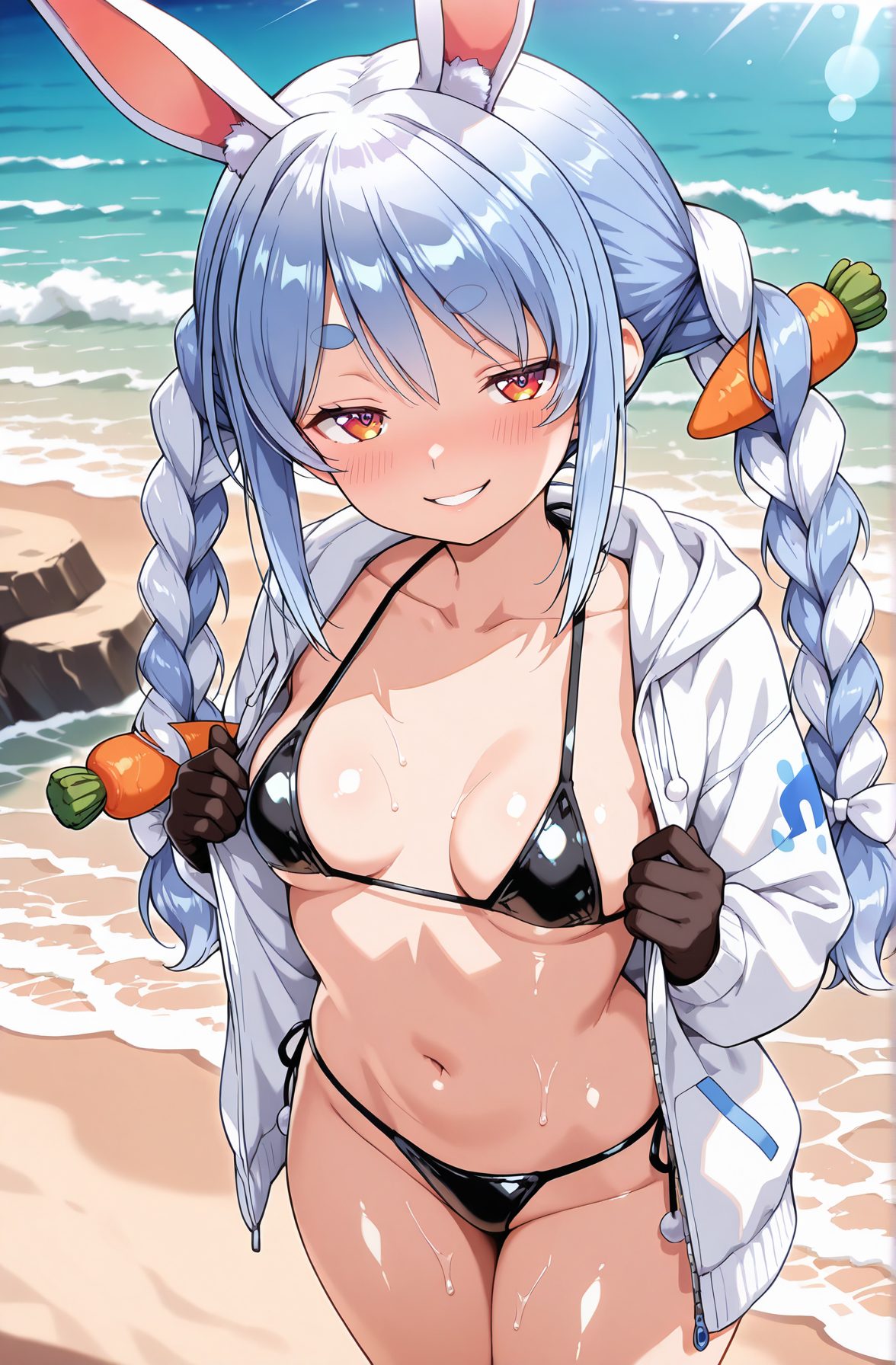 sensitive, 1girl, solo, long_hair, breasts, looking_at_viewer, blush, smile, bangs, hair_ornament, red_eyes, gloves, long_sleeves, navel, animal_ears, twintails, medium_breasts, blue_hair, standing, collarbone, jacket, swimsuit, braid, white_hair, bikini, multicolored_hair, cowboy_shot, small_breasts, outdoors, parted_lips, open_clothes, day, black_gloves, virtual_youtuber, hood, water, stomach, rabbit_ears, grin, twin_braids, two-tone_hair, open_jacket, wet, orange_eyes, animal_ear_fluff, symbol-shaped_pupils, black_bikini, side-tie_bikini_bottom, ocean, halterneck, beach, white_jacket, thick_eyebrows, string_bikini, micro_bikini, short_eyebrows, food-themed_hair_ornament, carrot_hair_ornament, bunny-shaped_pupils, usada_pekora, 長い髪, 赤面, 笑顔, 前髪, 髪飾り, 赤い目, 手袋, 動物耳, ツインテール, 中くらいの胸, 青髪, 鎖骨, 水着, 白髪, ビキニ, 多色髪, 小さな胸, 衣服開く, 黒手袋, バーチャルYouTuber, うさ耳, ツインブレイド, ストリングビキニ, マイクロビキニ, 兎田ぺこら