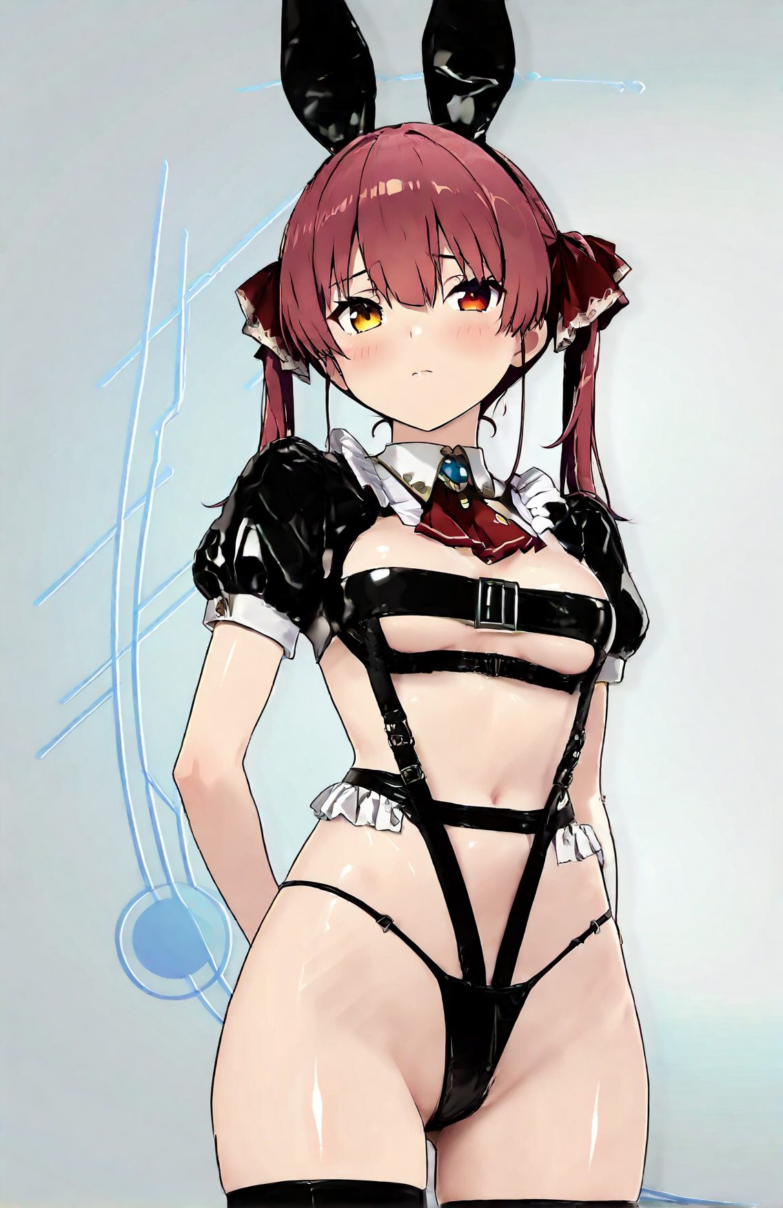 1girl, solo, breasts, virtual youtuber, heterochromia, yellow eyes, red eyes, red hair, animal ears, blush, twintails, houshou marine, fake animal ears, ascot, short sleeves, red ascot, thighhighs, bangs, ribbon, rabbit ears, closed mouth, hair ribbon, navel, puffy sleeves, shrug \(clothing\), looking at viewer, stomach, long hair, black thighhighs, puffy short sleeves, jewelry, cowboy shot, arm behind back, underboob, revealing clothes, gloves, frills, thighs, grey background, underwear, red ribbon, brooch, shiny, wing collar, medium breasts, panties, small breasts, alternate costume, black panties, standing, meme attire, raised eyebrows, hair between eyes, reverse outfit, 赤面, ツインテール, 赤髪, 下乳, パンツ, 獣耳, フリル, 下着, 貧乳, ロングヘア, 赤目, 手袋, うさ耳, アングル, ぱっつん, ホロライブ, 宝鐘マリン, バーチャルYouTuber, 赤い目, 動物耳, 偽動物耳, 太ももハイソックス, 前髪, リボン, 口閉じ, 髪リボン, 長い髪, ジュエリー, 赤リボン, 光沢, 中くらいの胸, 小さな胸, 目にかかる髪