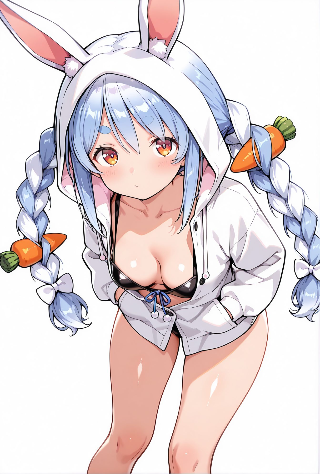 sensitive, 1girl, solo, long_hair, breasts, looking_at_viewer, blush, bangs, simple_background, hair_ornament, long_sleeves, white_background, animal_ears, twintails, medium_breasts, closed_mouth, blue_hair, collarbone, jacket, swimsuit, braid, white_hair, hair_bow, bikini, multicolored_hair, small_breasts, virtual_youtuber, hood, rabbit_ears, twin_braids, two-tone_hair, orange_eyes, animal_ear_fluff, hoodie, leaning_forward, feet_out_of_frame, black_bikini, thick_eyebrows, front-tie_top, hooded_jacket, hands_in_pockets, front-tie_bikini_top, short_eyebrows, food-themed_hair_ornament, bikini_under_clothes, carrot_hair_ornament, usada_pekora, 長い髪, 赤面, 前髪, 髪飾り, 動物耳, ツインテール, 中くらいの胸, 口閉じ, 青髪, 鎖骨, 水着, 白髪, 髪ボウ, ビキニ, 多色髪, 小さな胸, バーチャルYouTuber, うさ耳, ツインブレイド, パーカー, フロントタイトップ, フロントタイビキニトップ, 兎田ぺこら