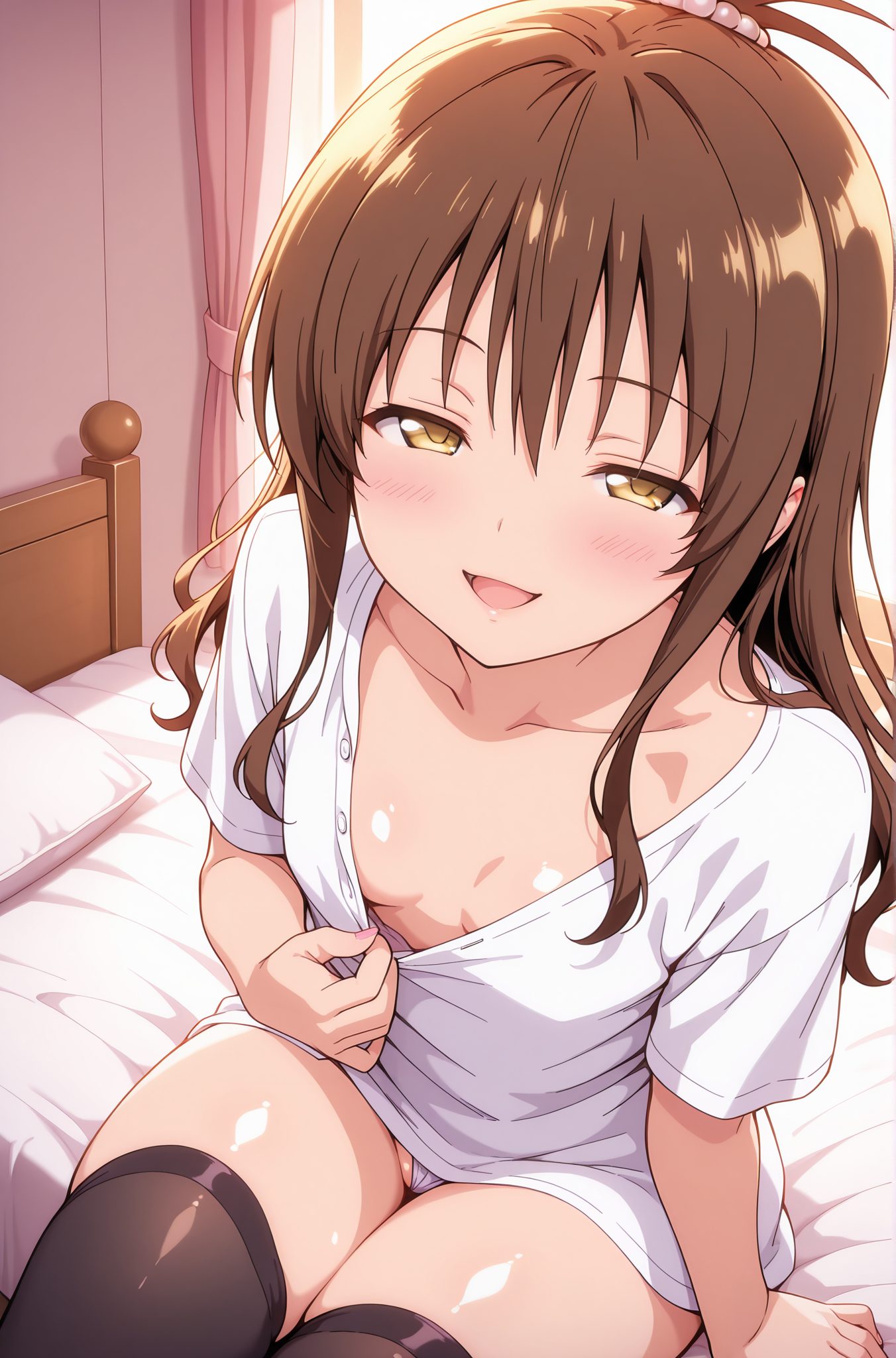 questionable, 1girl, solo, long_hair, breasts, looking_at_viewer, blush, smile, open_mouth, bangs, brown_hair, shirt, hair_ornament, thighhighs, brown_eyes, sitting, underwear, collarbone, panties, yellow_eyes, white_shirt, short_sleeves, sidelocks, small_breasts, shiny, black_thighhighs, indoors, shiny_skin, pillow, window, no_bra, bed, on_bed, half-closed_eyes, curtains, pink_panties, naughty_face, pulled_by_self, seductive_smile, shirt_pull, yuuki_mikan, 長い髪, 赤面, 笑顔, 口開き, 前髪, 茶髪, シャツ, 髪飾り, 太ももハイソックス, 座り, 下着, 鎖骨, パンツ, 白シャツ, サイドロック, 小さな胸, 光沢, 光沢肌, 結城美柑