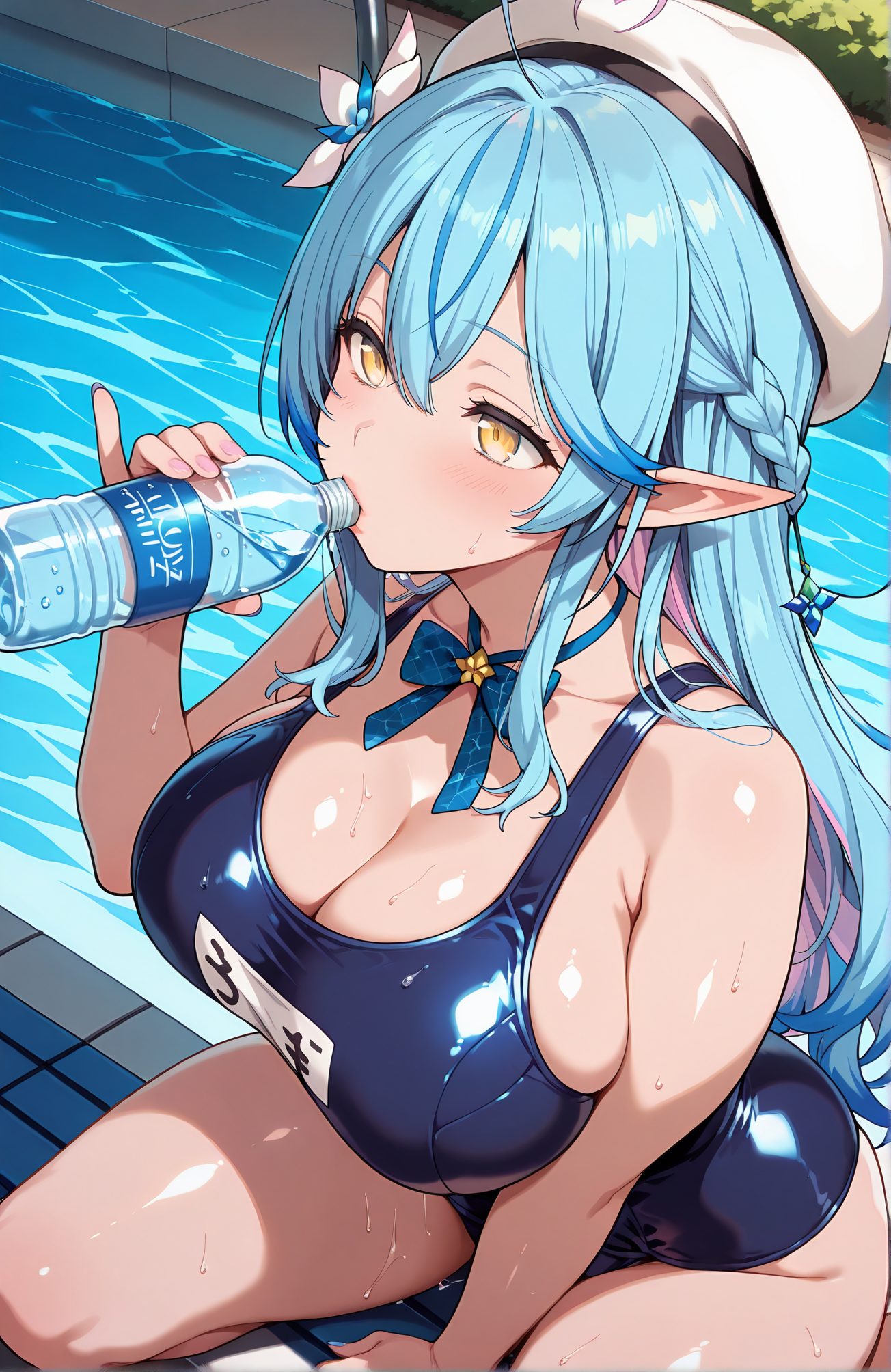 sensitive, 1girl, solo, long_hair, breasts, blush, bangs, large_breasts, hair_ornament, hat, bow, holding, cleavage, hair_between_eyes, bare_shoulders, sitting, blue_hair, swimsuit, yellow_eyes, braid, flower, ahoge, heart, thighs, multicolored_hair, pointy_ears, virtual_youtuber, hair_flower, water, streaked_hair, wet, one-piece_swimsuit, skindentation, beret, white_headwear, school_swimsuit, bottle, elf, drinking, pool, holding_bottle, poolside, heart_ahoge, yukihana_lamy, 長い髪, 赤面, 前髪, 大きな胸, 髪飾り, 帽子, ボウ, 目にかかる髪, 肩出し, 座り, 青髪, 水着, アホ毛, 多色髪, バーチャルYouTuber, 髪の花, ワンピース水着, ベレー帽, 白頭飾, 学校水着, 雪花ラミィ