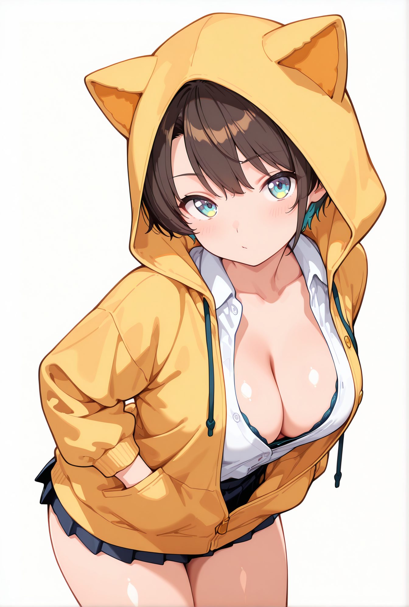 sensitive, 1girl, solo, breasts, looking_at_viewer, blush, short_hair, bangs, blue_eyes, skirt, large_breasts, simple_background, brown_hair, shirt, long_sleeves, white_background, animal_ears, cleavage, closed_mouth, underwear, collarbone, jacket, white_shirt, thighs, cowboy_shot, pleated_skirt, open_clothes, alternate_costume, collared_shirt, virtual_youtuber, hood, miniskirt, black_skirt, bra, aqua_eyes, dress_shirt, hoodie, leaning_forward, swept_bangs, hooded_jacket, hood_up, animal_hood, hands_in_pockets, drawstring, yellow_jacket, partially_unbuttoned, partially_unzipped, bra_peek, yellow_hoodie, oozora_subaru, 赤面, 短い髪, 前髪, 青い目, スカート, 大きな胸, 茶髪, シャツ, 動物耳, 口閉じ, 下着, 鎖骨, 白シャツ, 衣服開く, バーチャルYouTuber, ミニスカート, ブラ, パーカー, 大空スバル, Posted
