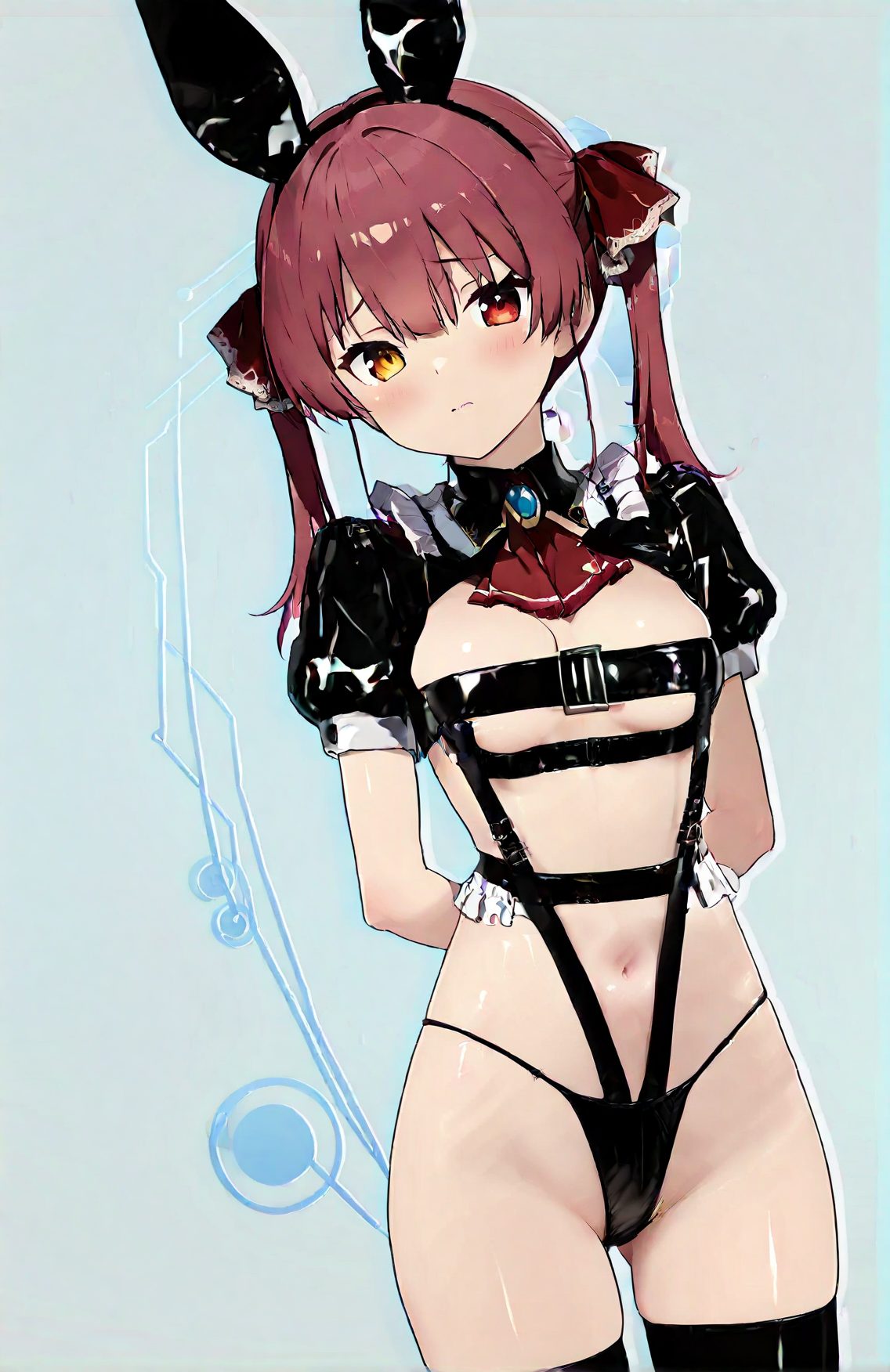 1girl, solo, breasts, virtual youtuber, ascot, red eyes, thighhighs, fake animal ears, yellow eyes, red hair, red ascot, heterochromia, animal ears, twintails, houshou marine, navel, blush, rabbit ears, looking at viewer, short sleeves, bangs, black thighhighs, ribbon, puffy sleeves, closed mouth, hair ribbon, shrug \(clothing\), puffy short sleeves, arms behind back, underwear, stomach, panties, shiny, cowboy shot, black panties, long hair, small breasts, jewelry, red ribbon, alternate costume, revealing clothes, hairband, brooch, skindentation, underboob, buckle, thighs, simple background, shiny hair, wing collar, raised eyebrows, 赤面, ツインテール, 赤髪, 下乳, パンツ, 獣耳, ロングヘア, 下着, 貧乳, 赤目, ぱっつん, うさ耳, アングル, ホロライブ, 宝鐘マリン, バーチャルYouTuber, 赤い目, 太ももハイソックス, 偽動物耳, 動物耳, 前髪, リボン, 口閉じ, 髪リボン, 光沢, 長い髪, 小さな胸, ジュエリー, 赤リボン, ヘアバンド