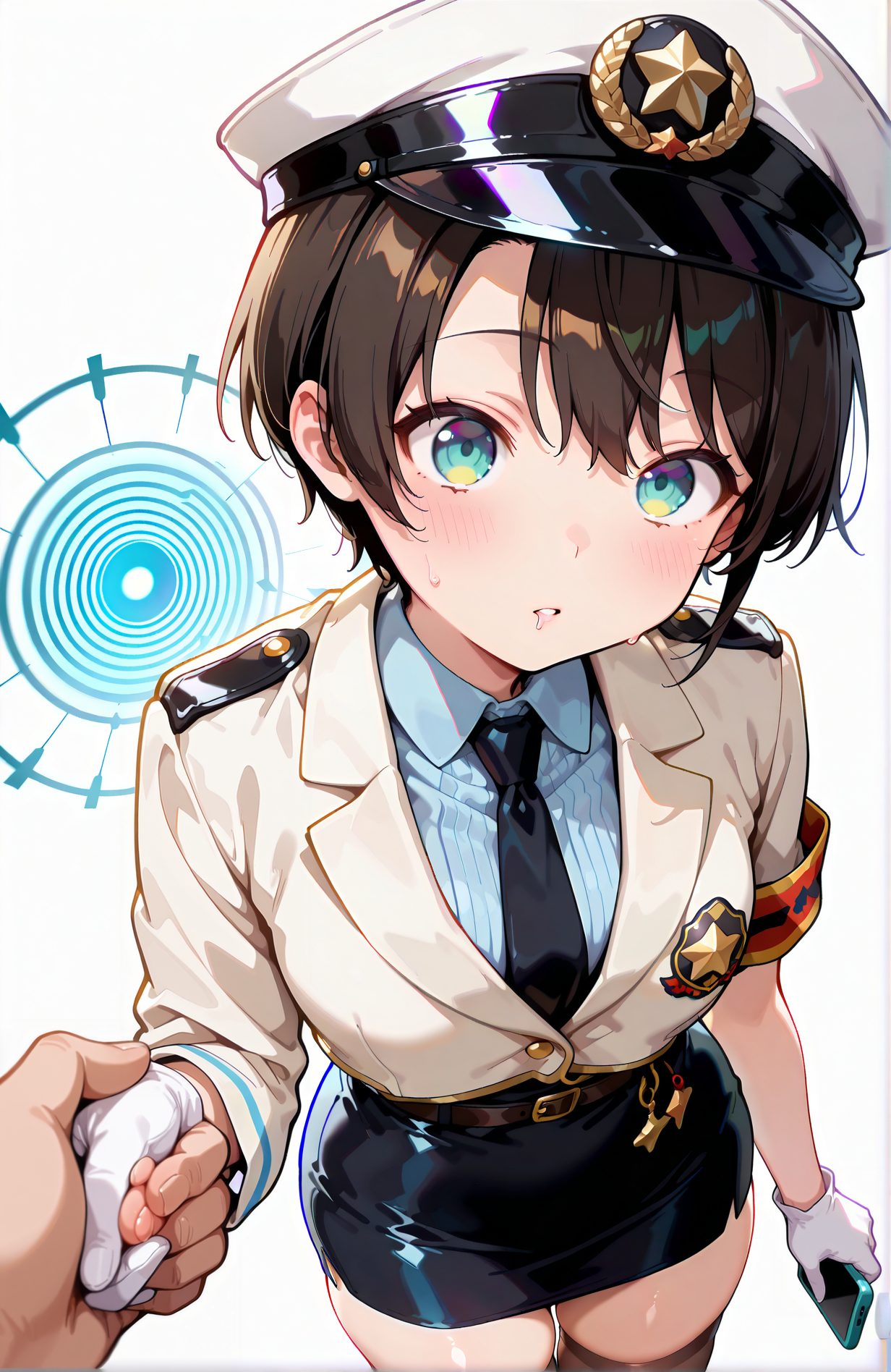 sensitive, 1girl, breasts, looking_at_viewer, blush, short_hair, bangs, skirt, simple_background, brown_hair, shirt, thighhighs, gloves, long_sleeves, hat, white_background, holding, medium_breasts, jacket, short_sleeves, thighs, cowboy_shot, sweat, parted_lips, necktie, solo_focus, collared_shirt, belt, virtual_youtuber, white_gloves, miniskirt, black_skirt, sweatdrop, uniform, aqua_eyes, zettai_ryouiki, swept_bangs, holding_hands, pov, white_headwear, phone, blue_shirt, armband, peaked_cap, black_necktie, pencil_skirt, police, police_uniform, policewoman, oozora_subaru, ポリス, 帽子, 大空スバル, 手袋, パーカー, 制服, バーチャルYouTuber, OL, Tシャツ, ユニフォーム, スカート, 汗, ホロライブ, ぱっつん, 赤面, 短い髪, 前髪, 茶髪, シャツ, 太ももハイソックス, 中くらいの胸, ミニスカート, 汗滴, 手を繋ぐ, 白頭飾, ピーク帽, ペンシルスカート, Posted