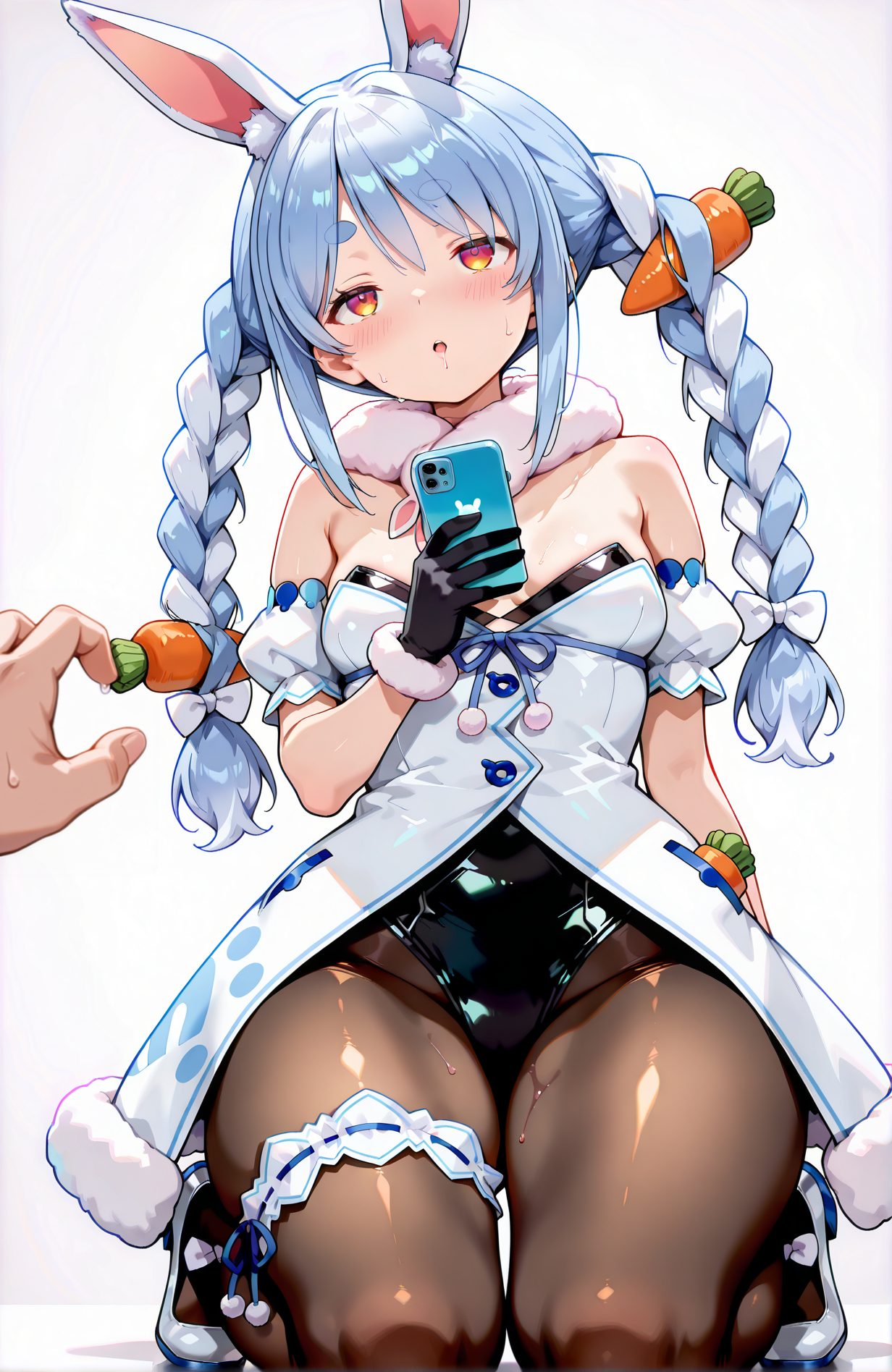 sensitive, 1girl, long_hair, breasts, looking_at_viewer, blush, open_mouth, bangs, simple_background, hair_ornament, gloves, white_background, dress, holding, animal_ears, bare_shoulders, twintails, medium_breasts, blue_hair, braid, white_hair, short_sleeves, pantyhose, thighs, multicolored_hair, sweat, small_breasts, detached_sleeves, solo_focus, black_gloves, virtual_youtuber, white_dress, rabbit_ears, twin_braids, two-tone_hair, leotard, orange_eyes, animal_ear_fluff, symbol-shaped_pupils, fur_trim, kneeling, strapless, pov, phone, playboy_bunny, thick_eyebrows, cellphone, black_leotard, smartphone, holding_phone, rabbit_girl, food-themed_hair_ornament, carrot, carrot_hair_ornament, usada_pekora, don-chan_(usada_pekora), Posted, バニーガール_posted, 長い髪, 赤面, 口開き, 前髪, 髪飾り, 手袋, 動物耳, 肩出し, ツインテール, 中くらいの胸, 青髪, 白髪, パンスト, 多色髪, 汗, 小さな胸, 黒手袋, バーチャルYouTuber, うさ耳, ツインブレイド, レオタード, プレイボーイバニー, 黒レオタード, 兎田ぺこら
