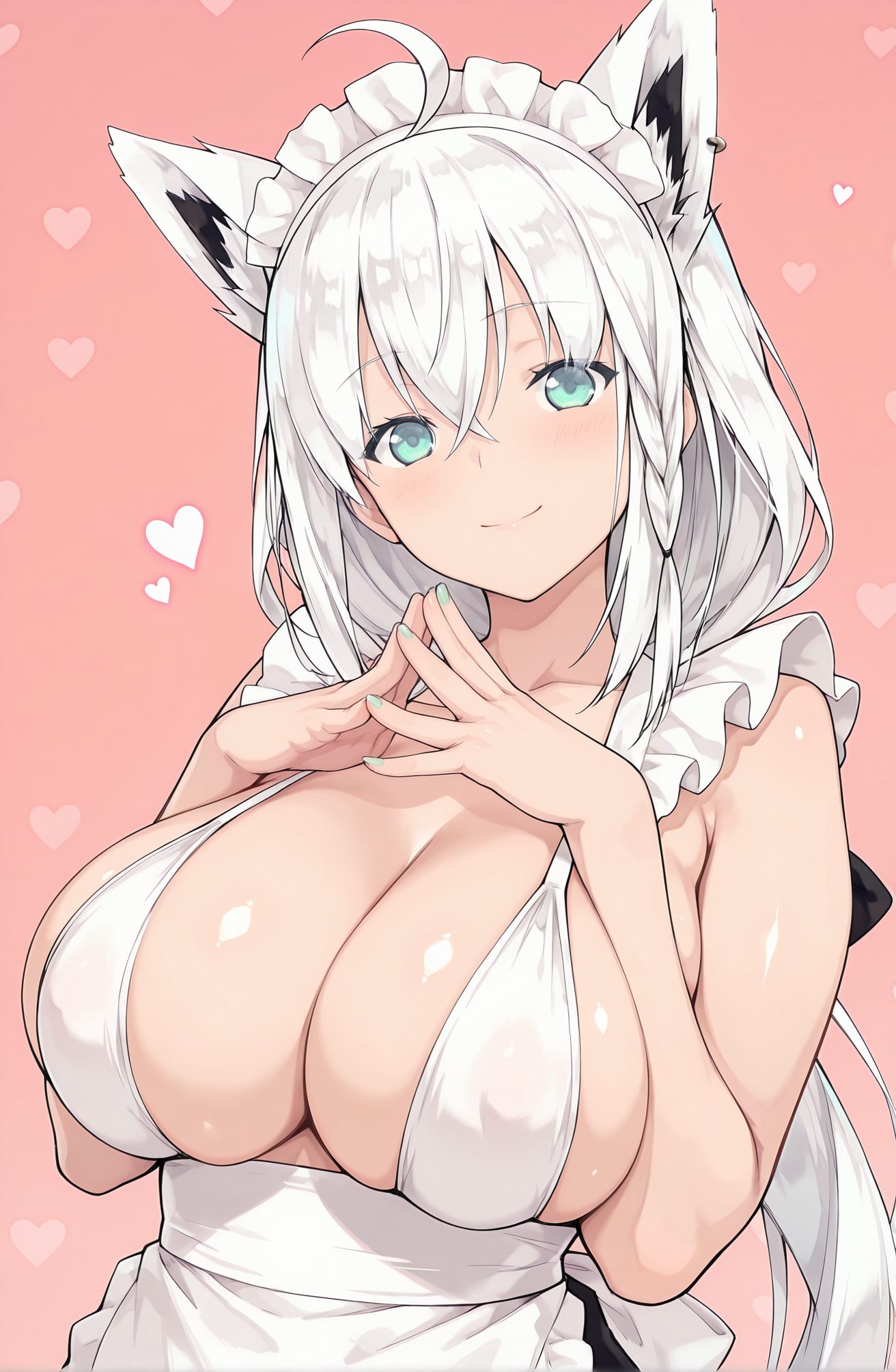 sensitive, questionable, 1girl, solo, long_hair, breasts, looking_at_viewer, blush, smile, bangs, large_breasts, simple_background, animal_ears, cleavage, hair_between_eyes, jewelry, closed_mouth, collarbone, swimsuit, upper_body, braid, ahoge, white_hair, heart, bikini, earrings, virtual_youtuber, nail_polish, apron, covered_nipples, aqua_eyes, animal_ear_fluff, maid, maid_headdress, fox_ears, pink_background, fox_girl, ear_piercing, white_apron, side_braid, maid_apron, frilled_apron, green_nails, shirakami_fubuki, 長い髪, 赤面, 笑顔, 前髪, 大きな胸, 動物耳, 目にかかる髪, ジュエリー, 口閉じ, 鎖骨, 水着, アホ毛, 白髪, ビキニ, イヤリング, バーチャルYouTuber, 白上フブキ