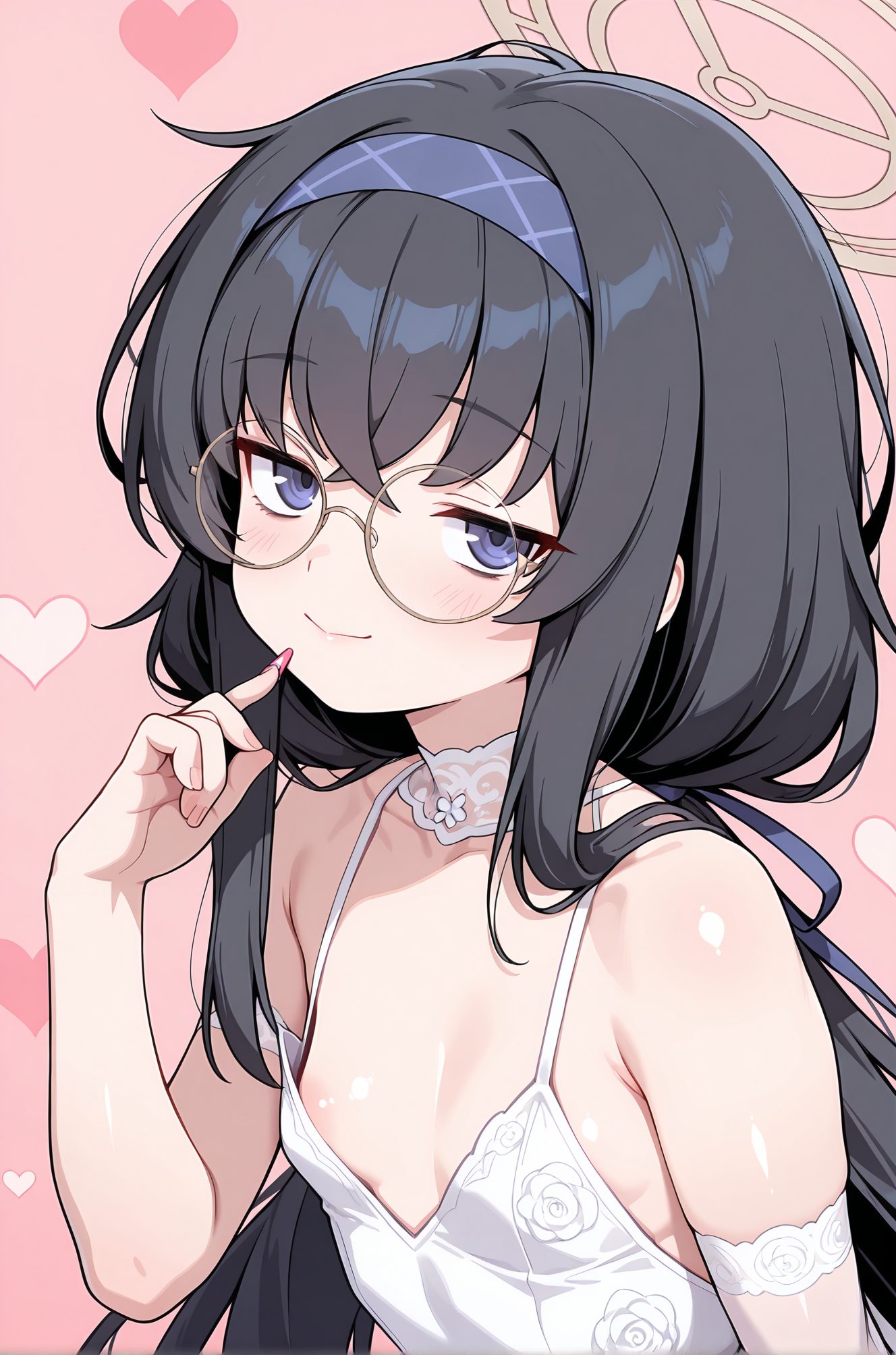 questionable, 1girl, solo, long_hair, breasts, looking_at_viewer, blush, smile, bangs, blue_eyes, simple_background, black_hair, dress, hair_between_eyes, bare_shoulders, closed_mouth, collarbone, upper_body, heart, hairband, small_breasts, glasses, choker, elbow_gloves, white_dress, halo, floral_print, pink_background, areola_slip, round_eyewear, bags_under_eyes, white_choker, ui_(blue_archive), 長い髪, 赤面, 笑顔, 前髪, 青い目, 黒髪, 目にかかる髪, 肩出し, 口閉じ, 鎖骨, ヘアバンド, 小さな胸, チョーカー, ウイ（ブルーアーカイブ）