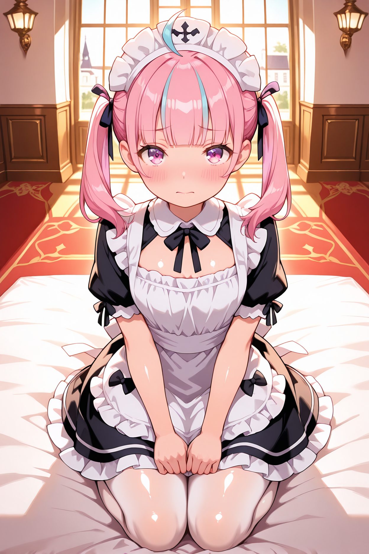 sensitive, 1girl, solo, long_hair, breasts, looking_at_viewer, blush, bangs, dress, bow, ribbon, cleavage, twintails, sitting, closed_mouth, blue_hair, purple_eyes, hair_ribbon, pink_hair, ahoge, short_sleeves, pantyhose, multicolored_hair, frills, puffy_sleeves, indoors, virtual_youtuber, pink_eyes, apron, black_dress, two-tone_hair, puffy_short_sleeves, streaked_hair, maid, maid_headdress, window, black_ribbon, bed, bed_sheet, on_bed, frilled_dress, white_apron, seiza, white_pantyhose, colored_inner_hair, minato_aqua, 長い髪, 赤面, 前髪, ボウ, リボン, ツインテール, 座り, 口閉じ, 青髪, 髪リボン, ピンク髪, アホ毛, パンスト, 多色髪, バーチャルYouTuber, みなとあくあ, 湊あくあ_posted