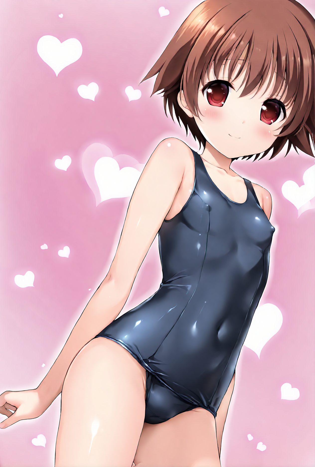 1girl, solo, swimsuit, school swimsuit, miyanaga saki, one-piece swimsuit, brown hair, short hair, smile, looking at viewer, blush, red eyes, flat chest, old school swimsuit, covered navel, heart, cowboy shot, standing, black one-piece swimsuit, collarbone, heart background, 赤面, 笑顔, 水着, 赤目, 貧乳, つるぺた, ワンピース, アングル, スクール水着, ショートカット, 咲-Saki-, Posted, loli-small-breasts, 学校水着, 宮永咲, ワンピース水着, 茶髪, 短い髪, 赤い目, 平らな胸, 旧スクール水着, 鎖骨, 癒月ちょこ