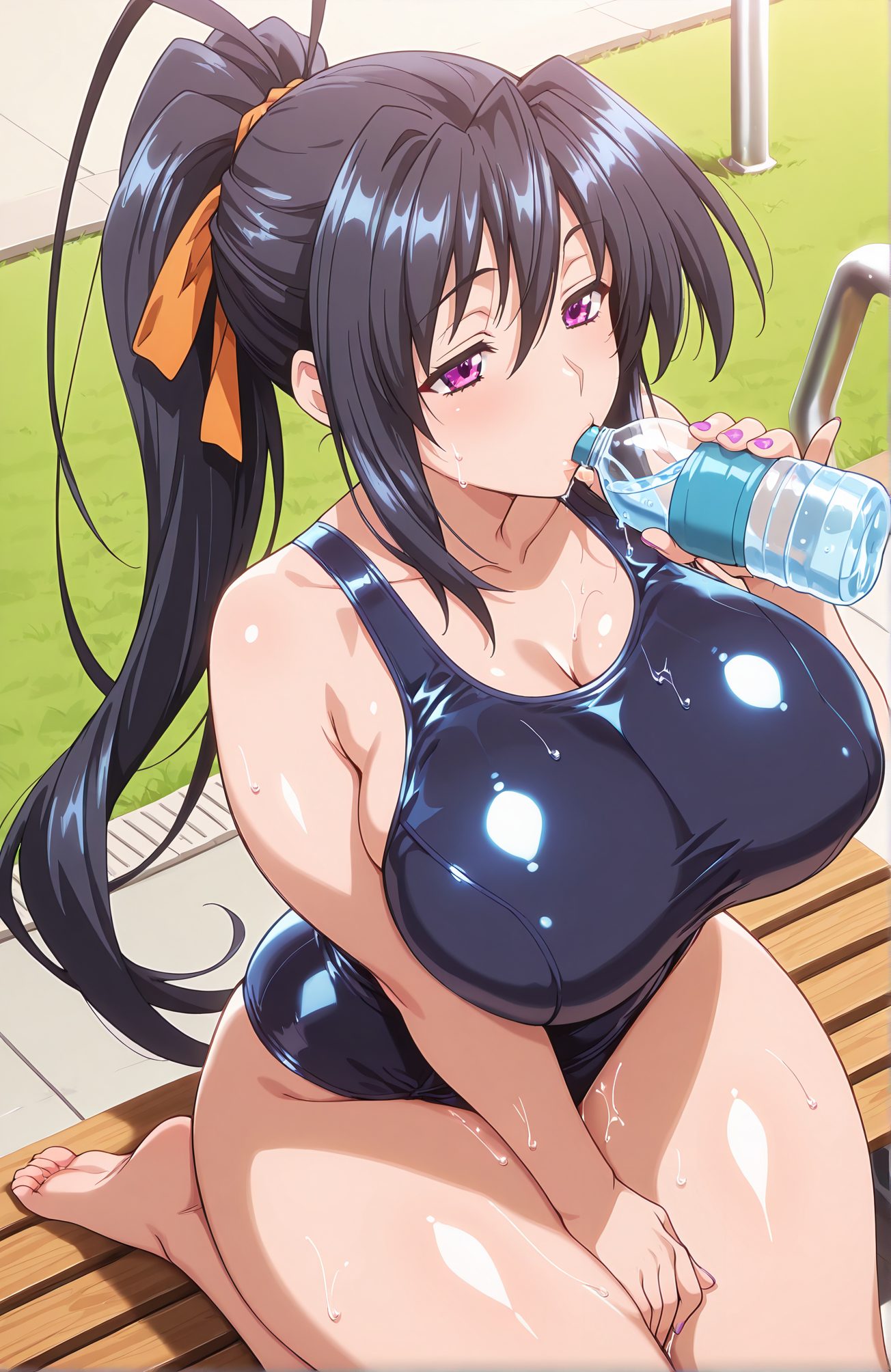sensitive, 1girl, solo, long_hair, breasts, large_breasts, black_hair, ribbon, holding, cleavage, hair_between_eyes, sitting, very_long_hair, purple_eyes, collarbone, swimsuit, hair_ribbon, ponytail, thighs, outdoors, barefoot, nail_polish, wet, one-piece_swimsuit, school_swimsuit, bottle, between_legs, drinking, water_bottle, orange_ribbon, himejima_akeno, 長い髪, 大きな胸, 黒髪, リボン, 目にかかる髪, 座り, とても長い髪, 鎖骨, 水着, 髪リボン, ポニーテール, ワンピース水着, 学校水着, 姫島朱乃