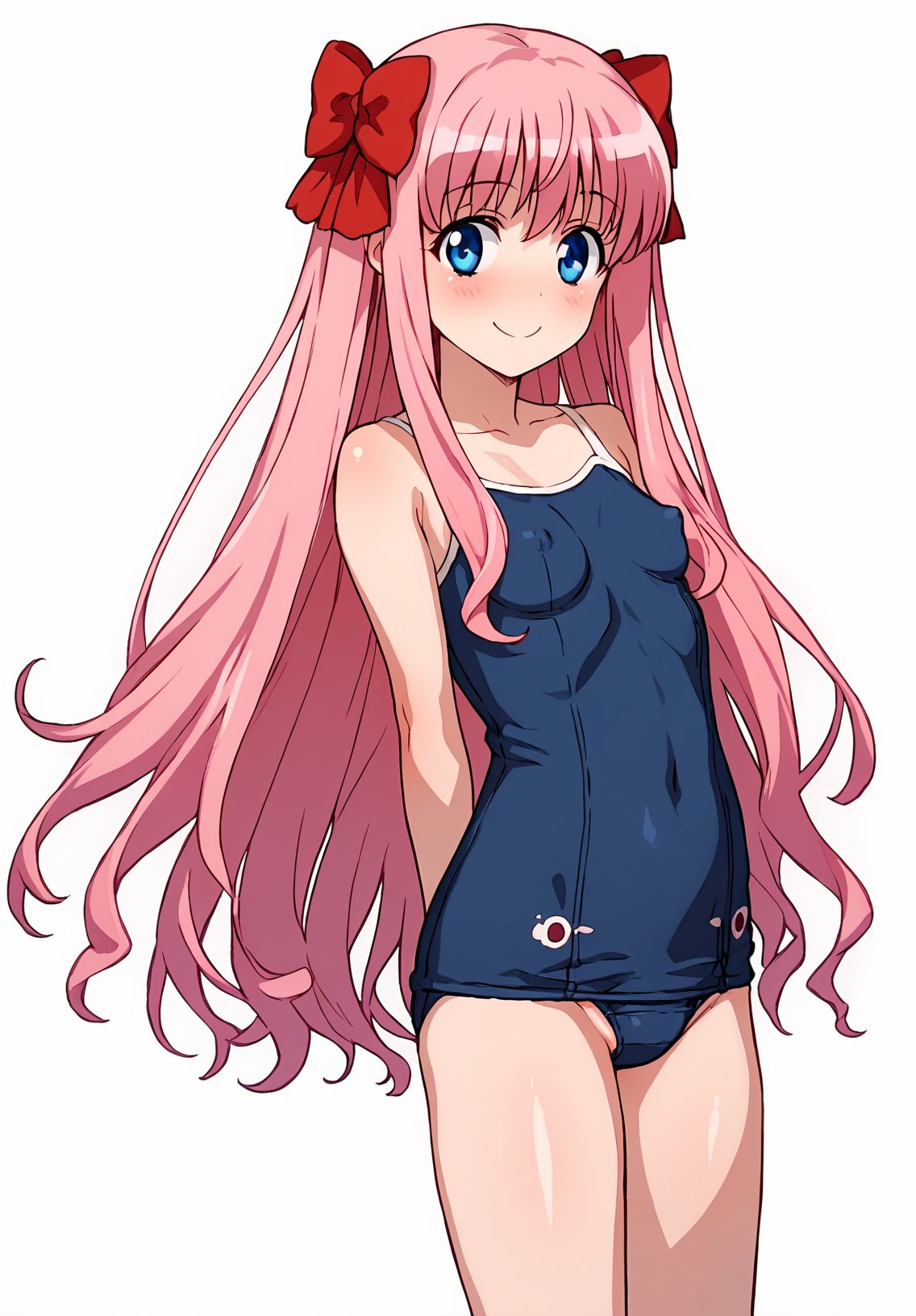 1girl, solo, swimsuit, long hair, school swimsuit, pink hair, haramura nodoka, covered nipples, blue eyes, breasts, one-piece swimsuit, smile, simple background, hair bow, white background, covered navel, bow, small breasts, blush, looking at viewer, blue one-piece swimsuit, arms behind back, competition school swimsuit, standing, red bow, cowboy shot, shiny, 赤面, 笑顔, 乳首チラ, 水着, ロングヘア, 貧乳, ワンピース, アングル, スクール水着, ピンク髪, 咲-Saki-, Posted, 長い髪, 学校水着, 原村和, 青い目, ワンピース水着, 髪ボウ, ボウ, 小さな胸, 競泳用スクール水着, 赤リボン, 光沢, スクール水着_posted