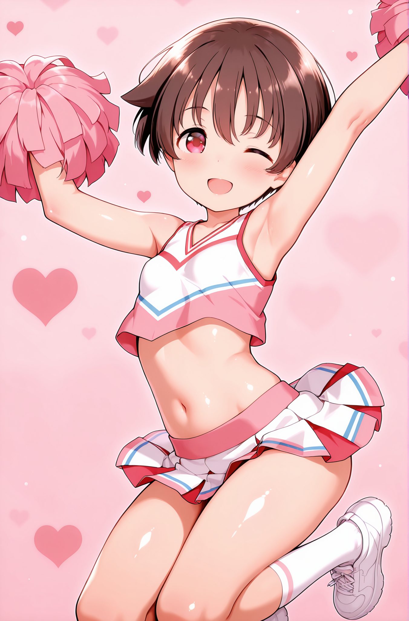 sensitive, 1girl, solo, breasts, looking_at_viewer, blush, smile, short_hair, open_mouth, bangs, skirt, brown_hair, shirt, red_eyes, navel, holding, heart, pleated_skirt, small_breasts, one_eye_closed, shoes, sleeveless, socks, midriff, shiny, miniskirt, armpits, arm_up, arms_up, crop_top, shiny_skin, kneehighs, sleeveless_shirt, pink_background, white_footwear, white_skirt, ;d, white_socks, sneakers, jumping, cheerleader, pom_pom_(cheerleading), crop_top_overhang, holding_pom_poms, 赤面, 笑顔, 短い髪, 口開き, 前髪, スカート, 茶髪, シャツ, 赤い目, 小さな胸, 靴, ソックス, 光沢, ミニスカート, クロップトップ, 光沢肌, 白ソックス, 宮永咲