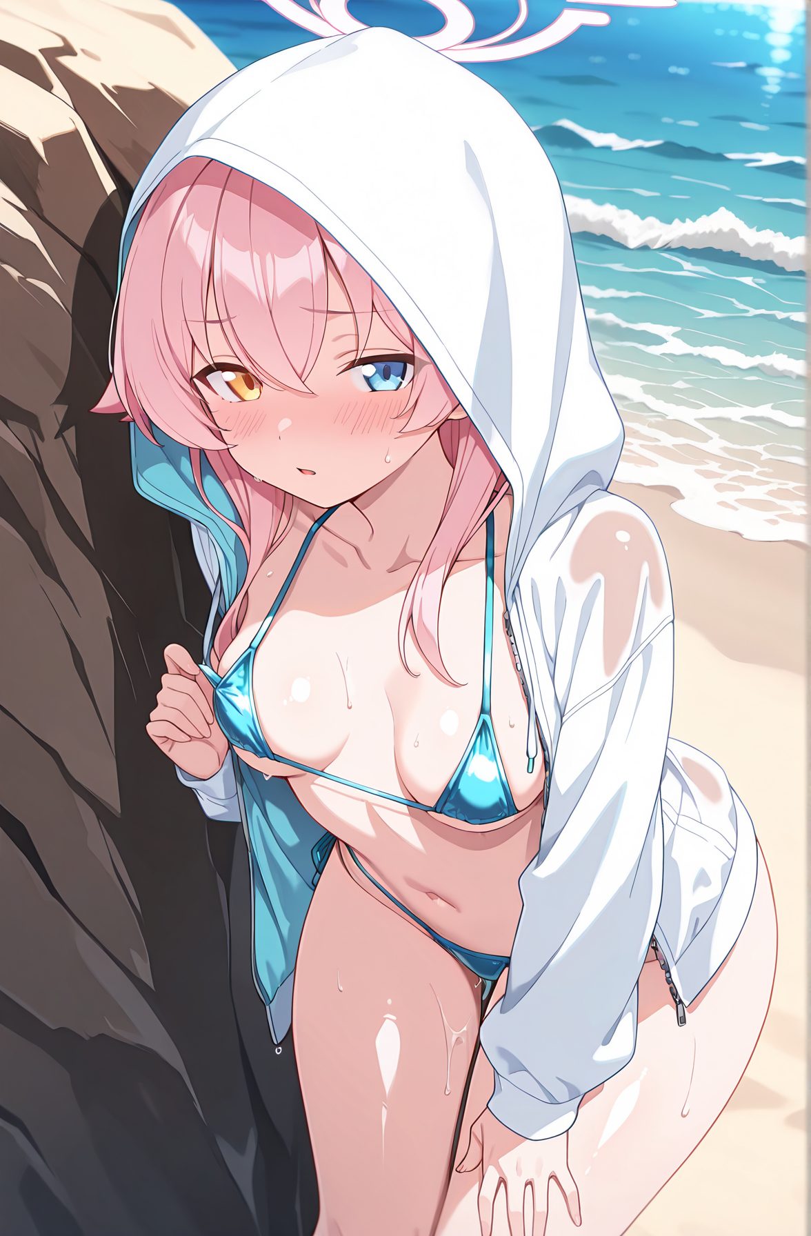 sensitive, 1girl, solo, long_hair, breasts, looking_at_viewer, blush, bangs, blue_eyes, long_sleeves, navel, hair_between_eyes, medium_breasts, collarbone, jacket, swimsuit, yellow_eyes, pink_hair, bikini, thighs, small_breasts, outdoors, parted_lips, open_clothes, day, hood, water, stomach, open_jacket, wet, leaning_forward, ocean, heterochromia, halo, beach, white_jacket, string_bikini, hooded_jacket, micro_bikini, blue_bikini, hood_up, hand_on_own_thigh, hoshino_(blue_archive), 長い髪, 赤面, 前髪, 青い目, 目にかかる髪, 中くらいの胸, 鎖骨, 水着, ピンク髪, ビキニ, 小さな胸, 衣服開く, ストリングビキニ, マイクロビキニ, ホシノ（ブルーアーカイブ）