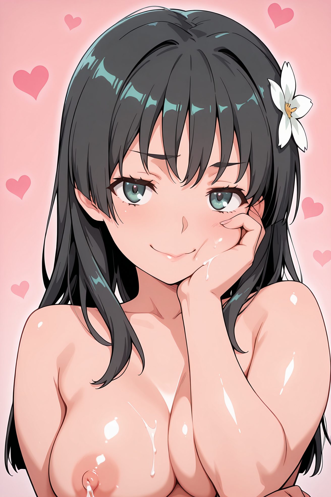 questionable, explicit, 1girl, solo, long_hair, breasts, looking_at_viewer, blush, smile, bangs, large_breasts, simple_background, black_hair, hair_ornament, closed_mouth, nipples, green_eyes, collarbone, upper_body, flower, heart, nude, shiny, hair_flower, cum, gradient, gradient_background, completely_nude, pink_background, cum_on_body, white_flower, cum_on_breasts, hand_on_own_face, hand_on_own_cheek, lactation, saten_ruiko, 長い髪, 赤面, 笑顔, 前髪, 大きな胸, 黒髪, 髪飾り, 口閉じ, 乳首, 緑の目, 鎖骨, 裸, 光沢, 髪の花, 精液, 完全裸, ぶっかけ（体）, 胸へのぶっかけ, 佐天涙子