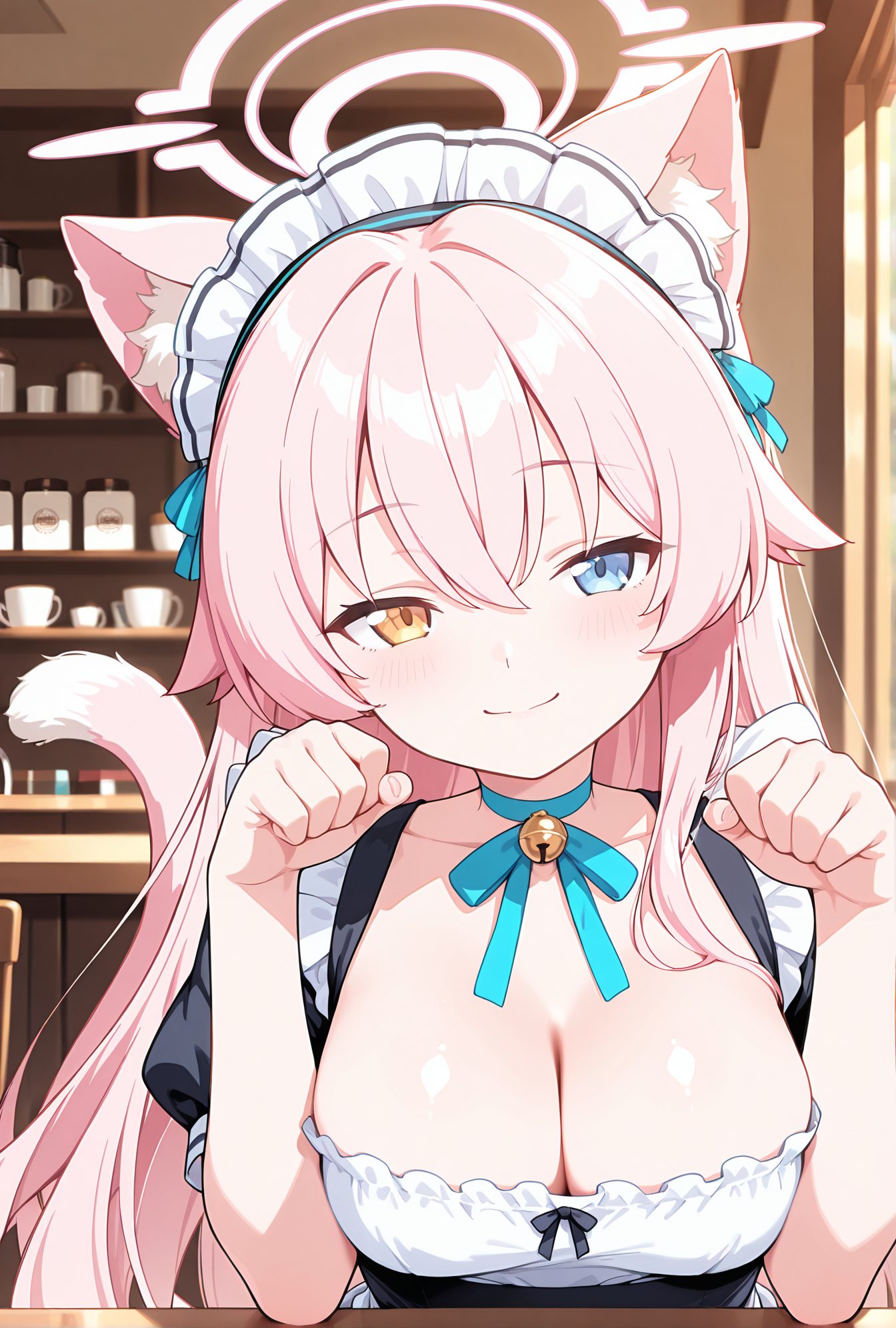 sensitive, 1girl, solo, long_hair, breasts, looking_at_viewer, blush, smile, bangs, blue_eyes, large_breasts, ribbon, animal_ears, cleavage, hair_between_eyes, closed_mouth, collarbone, tail, yellow_eyes, upper_body, pink_hair, short_sleeves, frills, alternate_costume, choker, puffy_sleeves, indoors, cat_ears, apron, black_dress, puffy_short_sleeves, cat_tail, animal_ear_fluff, maid, hands_up, maid_headdress, bell, heterochromia, halo, blue_ribbon, cat_girl, jingle_bell, neck_bell, paw_pose, enmaided, tail_raised, blue_choker, hoshino_(blue_archive), 長い髪, 赤面, 笑顔, 前髪, 青い目, 大きな胸, リボン, 動物耳, 目にかかる髪, 口閉じ, 鎖骨, ピンク髪, チョーカー, ホシノ（ブルーアーカイブ）