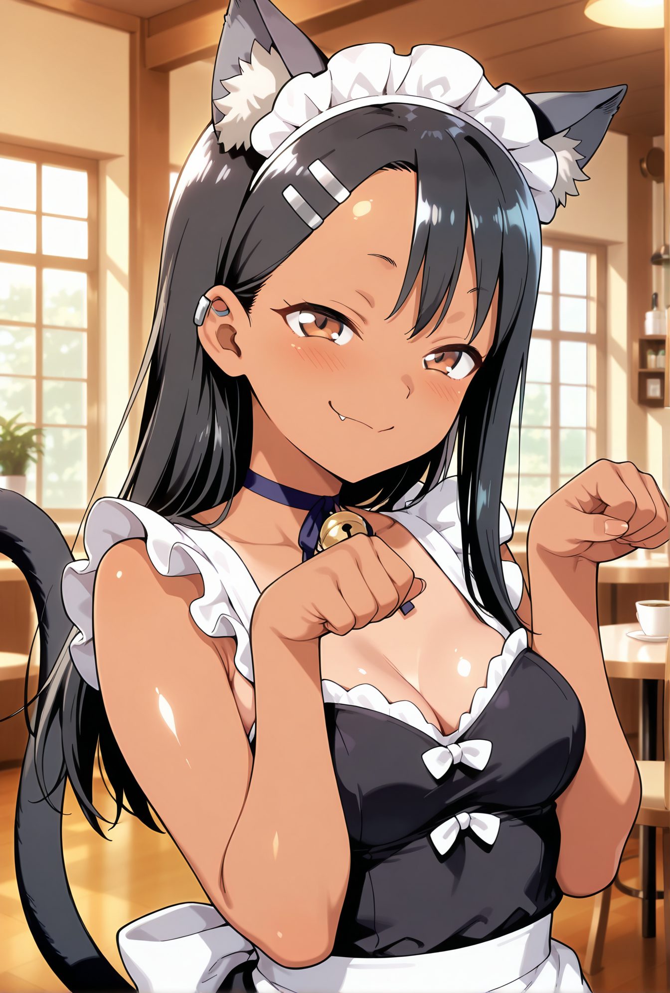 sensitive, 1girl, solo, long_hair, breasts, looking_at_viewer, blush, smile, bangs, black_hair, hair_ornament, dress, animal_ears, cleavage, bare_shoulders, brown_eyes, medium_breasts, closed_mouth, collarbone, tail, upper_body, frills, alternate_costume, choker, hairclip, fang, indoors, cat_ears, dark_skin, apron, black_dress, dark-skinned_female, cup, cat_tail, animal_ear_fluff, maid, maid_headdress, window, bell, tan, cat_girl, waist_apron, white_apron, jingle_bell, neck_bell, skin_fang, maid_apron, kemonomimi_mode, frilled_apron, paw_pose, enmaided, asymmetrical_bangs, fang_out, earclip, nagatoro_hayase, 長い髪, 赤面, 笑顔, 前髪, 黒髪, 髪飾り, 動物耳, 肩出し, 中くらいの胸, 口閉じ, 鎖骨, チョーカー, ヘアクリップ, 褐色肌, 褐色女性, 日焼け, ウエストエプロン, 長瀞早瀬