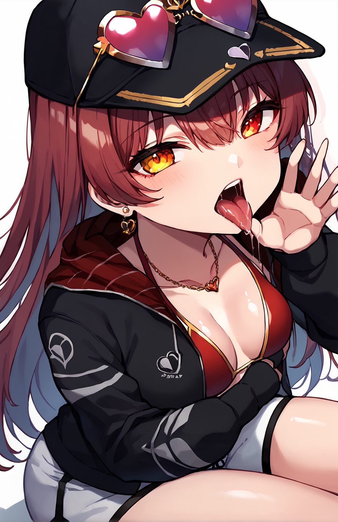 1girl, houshou marine, virtual youtuber, solo, jewelry, swimsuit, tongue, breasts, heart, necklace, red hair, black jacket, bikini, white shorts, hat, eyewear on headwear, jacket, long hair, looking at viewer, tongue out, open mouth, red eyes, heterochromia, fellatio gesture, red bikini, shorts, earrings, saliva, yellow eyes, heart necklace, sunglasses, baseball cap, white background, blush, long sleeves, black headwear, heart-shaped eyewear, oral invitation, simple background, sitting, medium breasts, bikini under clothes, bangs, 発情, 赤面, 口, 赤髪, パーカー, 帽子, 水着, 事前, 赤目, 舌, ロングヘア, ぱっつん, フェラ, よだれ, ホロライブ, 宝鐘マリン, バーチャルYouTuber, ジュエリー, ネックレス, ビキニ, 長い髪, 舌出し, 口開き, 赤い目, イヤリング, 座り, 中くらいの胸, 前髪