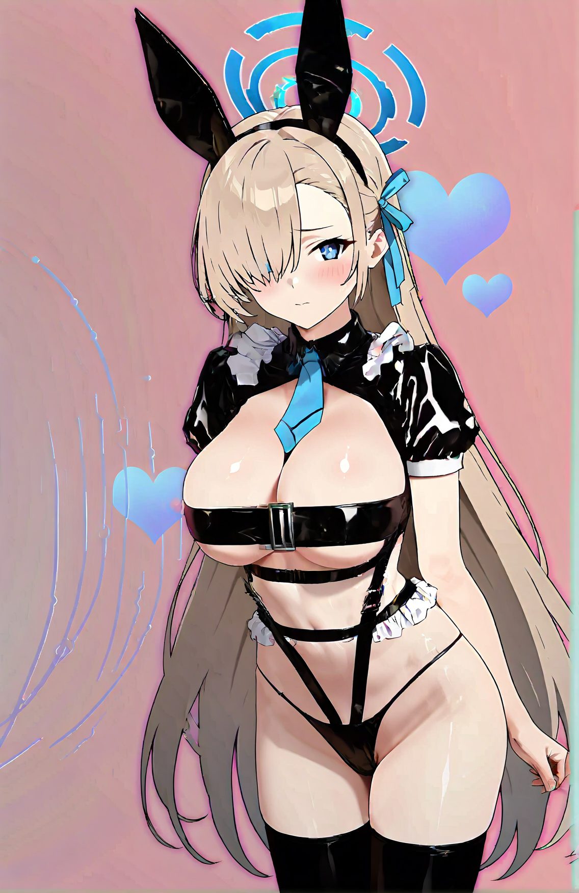 1girl, asuna \(blue archive\), breasts, large breasts, solo, animal ears, long hair, blue eyes, thighhighs, rabbit ears, alternate costume, halo, blush, black thighhighs, ribbon, hair over one eye, hair ribbon, heart, necktie, very long hair, fake animal ears, between breasts, blue necktie, looking at viewer, cleavage, short sleeves, bangs, closed mouth, navel, underwear, simple background, stomach, puffy sleeves, black panties, shrug \(clothing\), blue ribbon, thighs, panties, puffy short sleeves, necktie between breasts, cowboy shot, 赤面, 胸チラ, パンツ, 獣耳, ロングヘア, 下着, 巨乳, ぱっつん, うさ耳, アングル, アスナ（ブルーアーカイブ）, 大きな胸, 動物耳, 長い髪, 青い目, 太ももハイソックス, リボン, 髪リボン, とても長い髪, 偽動物耳, 前髪, 口閉じ