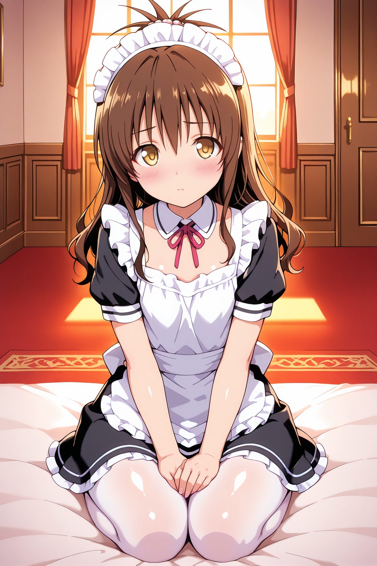 sensitive, 1girl, solo, long_hair, looking_at_viewer, blush, bangs, brown_hair, dress, ribbon, brown_eyes, sitting, closed_mouth, short_sleeves, pantyhose, frills, puffy_sleeves, indoors, apron, black_dress, red_ribbon, puffy_short_sleeves, maid, maid_headdress, window, bed, neck_ribbon, detached_collar, on_bed, wariza, curtains, white_apron, seiza, maid_apron, white_pantyhose, v_arms, enmaided, yuuki_mikan, 長い髪, 赤面, 前髪, 茶髪, リボン, 座り, 口閉じ, パンスト, 赤リボン, 結城美柑