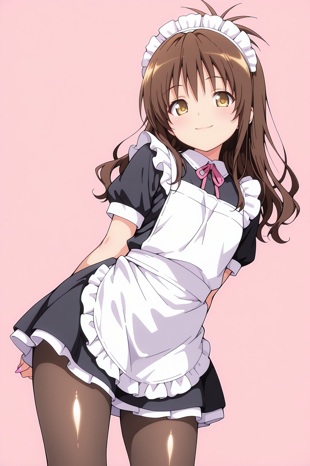 sensitive, 1girl, solo, long_hair, looking_at_viewer, blush, smile, bangs, simple_background, brown_hair, dress, ribbon, brown_eyes, closed_mouth, yellow_eyes, short_sleeves, pantyhose, cowboy_shot, frills, puffy_sleeves, apron, black_dress, black_pantyhose, maid, maid_headdress, neck_ribbon, arms_behind_back, pink_background, white_apron, maid_apron, pink_ribbon, brown_pantyhose, enmaided, yuuki_mikan, 長い髪, 赤面, 笑顔, 前髪, 茶髪, リボン, 口閉じ, パンスト, 結城美柑