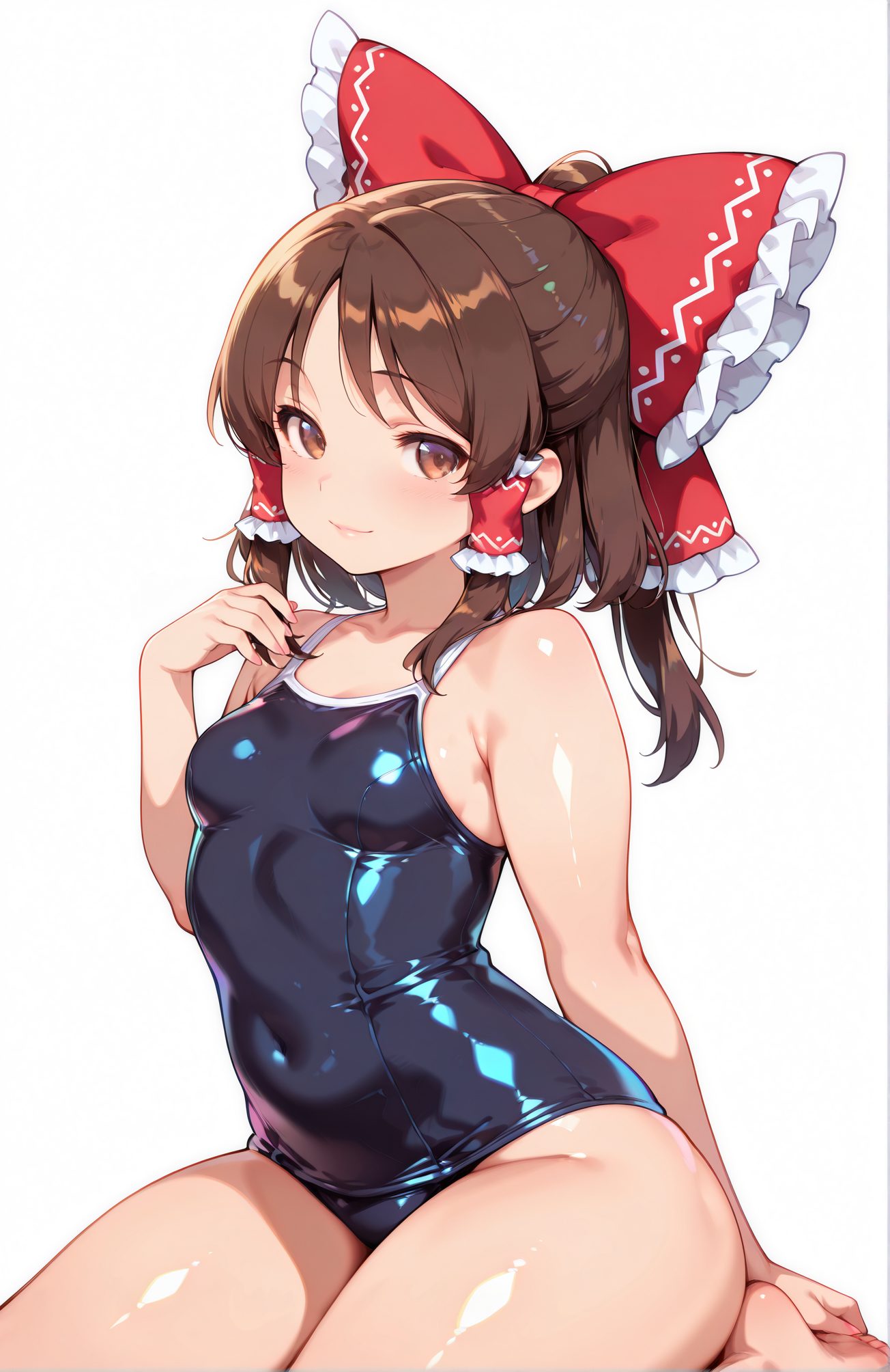 sensitive, 1girl, solo, breasts, looking_at_viewer, blush, smile, bangs, simple_background, brown_hair, white_background, bow, bare_shoulders, brown_eyes, sitting, closed_mouth, swimsuit, hair_bow, sidelocks, thighs, small_breasts, frills, barefoot, shiny, hand_up, medium_hair, nail_polish, red_bow, shiny_hair, fingernails, one-piece_swimsuit, shiny_skin, bare_arms, covered_navel, skindentation, wariza, hair_tubes, school_swimsuit, shiny_clothes, blue_one-piece_swimsuit, frilled_bow, competition_school_swimsuit, hakurei_reimu, 赤面, 笑顔, 前髪, 茶髪, ボウ, 肩出し, 座り, 口閉じ, 水着, 髪ボウ, サイドロック, 小さな胸, 光沢, 赤リボン, ワンピース水着, 光沢肌, 学校水着, 競泳用スクール水着, 博麗霊夢