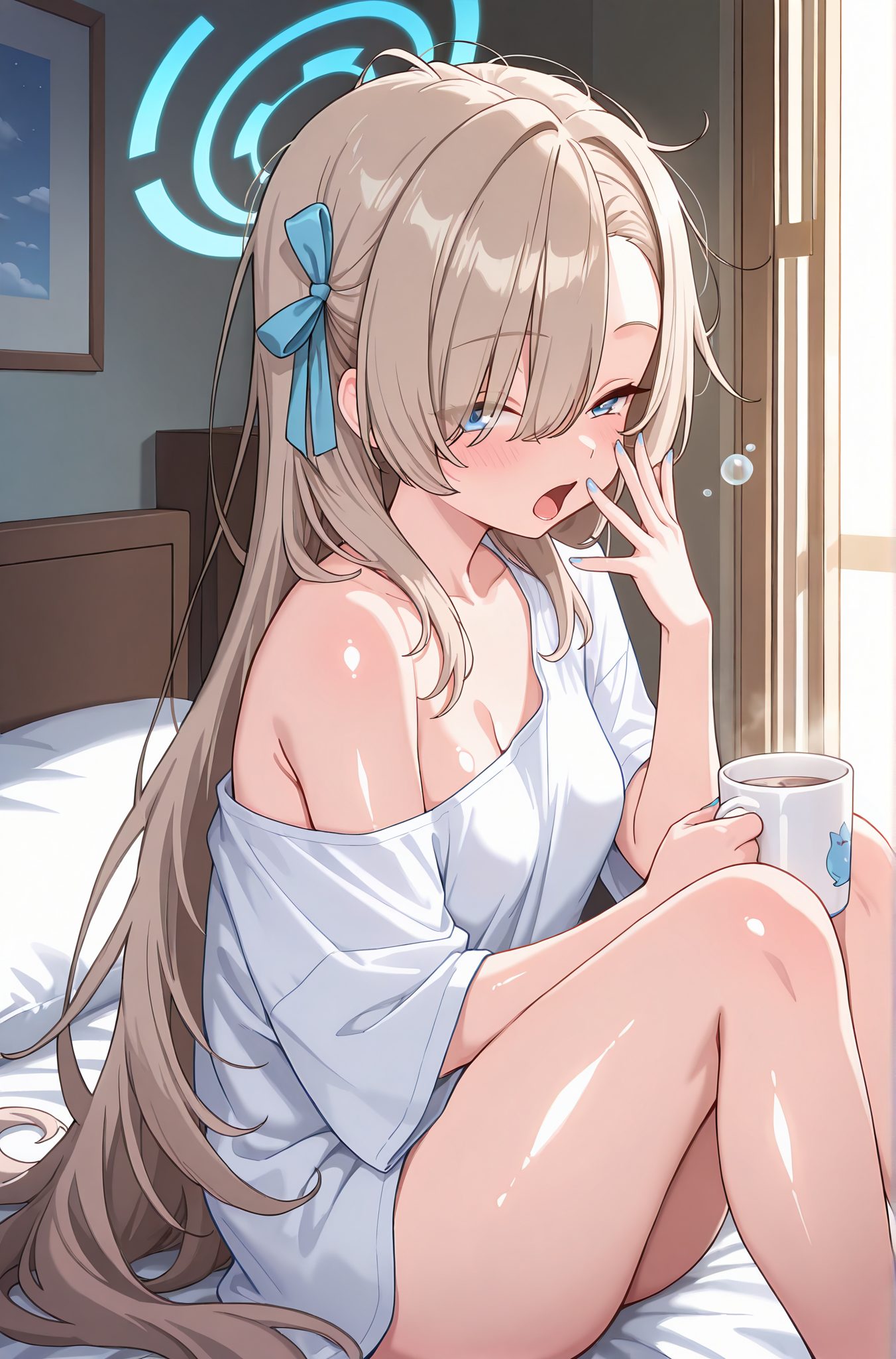 sensitive, 1girl, solo, long_hair, breasts, looking_at_viewer, blush, open_mouth, bangs, blue_eyes, shirt, ribbon, holding, cleavage, bare_shoulders, medium_breasts, sitting, very_long_hair, hair_ribbon, white_shirt, short_sleeves, thighs, alternate_costume, shiny, indoors, off_shoulder, nail_polish, hair_over_one_eye, cup, shiny_skin, pillow, window, feet_out_of_frame, on_bed, halo, light_brown_hair, eyes_visible_through_hair, blue_ribbon, holding_cup, knees_up, blue_nails, mug, naked_shirt, sleepy, yawning, waking_up, coffee_mug, asuna_(blue_archive), 長い髪, 赤面, 口開き, 前髪, 青い目, シャツ, リボン, 肩出し, 中くらいの胸, 座り, とても長い髪, 髪リボン, 白シャツ, 光沢, 光沢肌, 膝上げ, アスナ（ブルーアーカイブ）