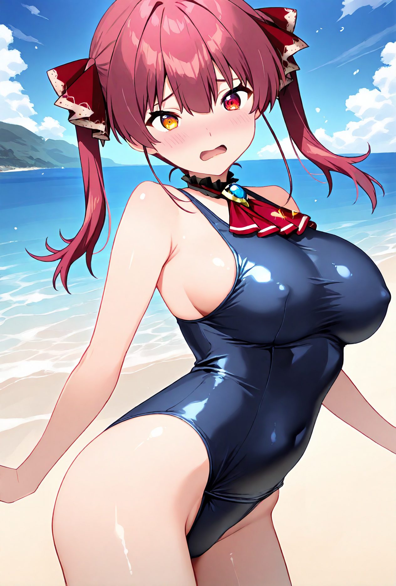 1girl, breasts, solo, swimsuit, heterochromia, virtual youtuber, beach, outdoors, twintails, red eyes, houshou marine, large breasts, one-piece swimsuit, day, red hair, yellow eyes, open mouth, blush, ascot, long hair, covered nipples, ribbon, cloud, red ascot, covered navel, ocean, sky, red ribbon, blue one-piece swimsuit, shiny, looking at viewer, hair ribbon, sideboob, bangs, blue sky, bare shoulders, water, sand, shiny clothes, school swimsuit, shiny skin, cowboy shot, jewelry, bare arms, 赤面, ツインテール, 赤髪, 乳首チラ, 裸足, 水着, 横乳, 赤目, ロングヘア, 巨乳, 光沢, ぱっつん, ワンピース, テカリ, アングル, スクール水着, ホロライブ, 宝鐘マリン, Posted, 巨乳_posted, バーチャルYouTuber, 赤い目, 大きな胸, ワンピース水着, 口開き, 長い髪, リボン, 赤リボン, 髪リボン, 前髪, 肩出し, 学校水着, 光沢肌, ジュエリー