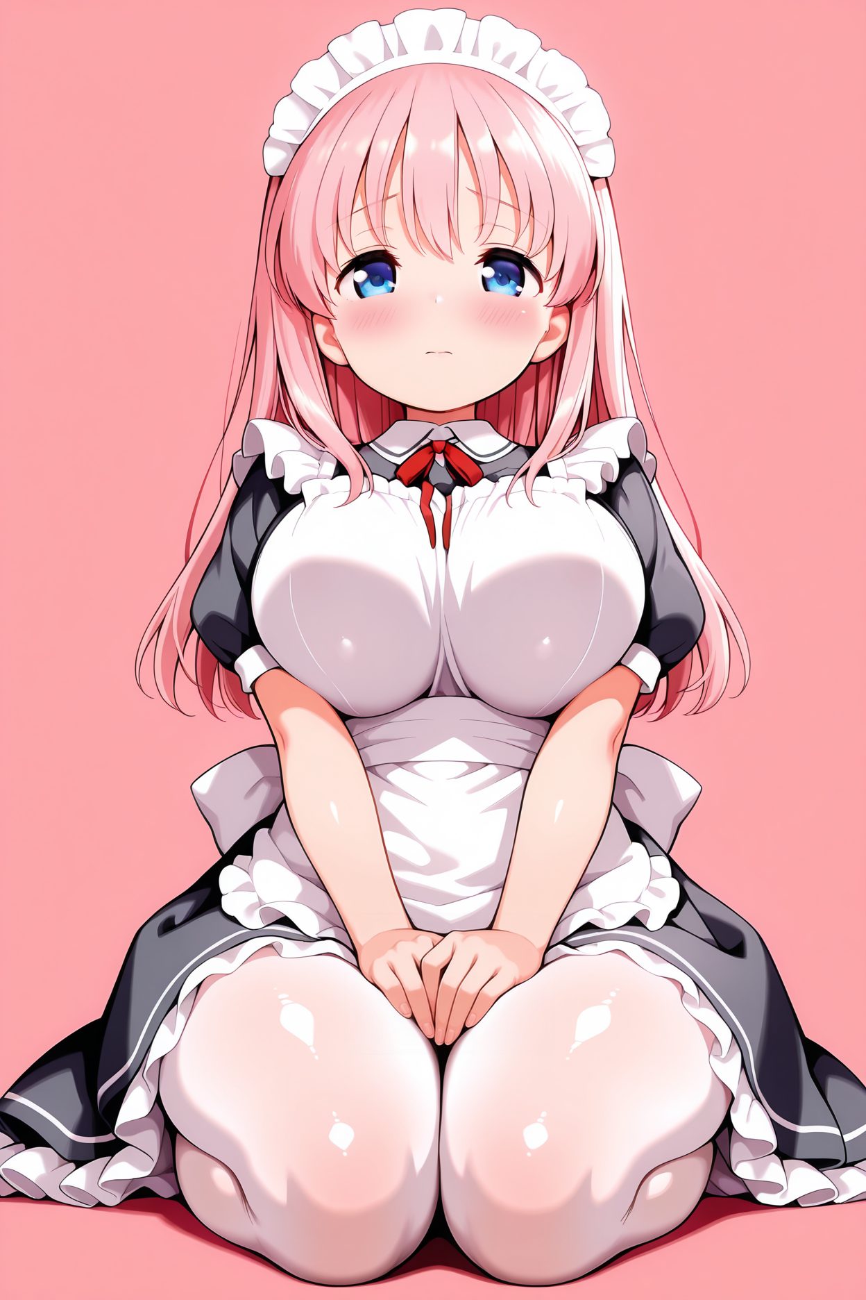 sensitive, 1girl, solo, long_hair, breasts, looking_at_viewer, blush, bangs, blue_eyes, large_breasts, simple_background, dress, ribbon, sitting, closed_mouth, pink_hair, short_sleeves, pantyhose, frills, puffy_sleeves, apron, black_dress, puffy_short_sleeves, maid, maid_headdress, pink_background, white_apron, seiza, maid_apron, white_pantyhose, frilled_apron, haramura_nodoka, 長い髪, 赤面, 前髪, 青い目, 大きな胸, リボン, 座り, 口閉じ, ピンク髪, パンスト, 原村和, Posted