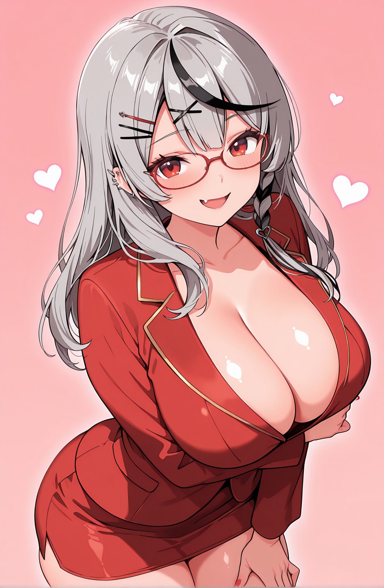 sensitive, 1girl, solo, long_hair, breasts, looking_at_viewer, blush, smile, open_mouth, bangs, skirt, large_breasts, simple_background, black_hair, hair_ornament, red_eyes, long_sleeves, cleavage, collarbone, jacket, braid, :d, grey_hair, heart, thighs, multicolored_hair, glasses, alternate_costume, hairclip, fang, shiny, virtual_youtuber, miniskirt, nail_polish, huge_breasts, streaked_hair, leaning_forward, red_skirt, piercing, formal, pink_background, suit, x_hair_ornament, ear_piercing, red_nails, red_jacket, skin_fang, pencil_skirt, red-framed_eyewear, bespectacled, office_lady, arm_under_breasts, skirt_suit, sakamata_chloe, 長い髪, 赤面, 笑顔, 口開き, 前髪, スカート, 大きな胸, 黒髪, 髪飾り, 赤い目, 鎖骨, 灰髪, 多色髪, ヘアクリップ, 光沢, バーチャルYouTuber, ミニスカート, 巨大な胸, ペンシルスカート, スカートスーツ, 沙花叉クロヱ
