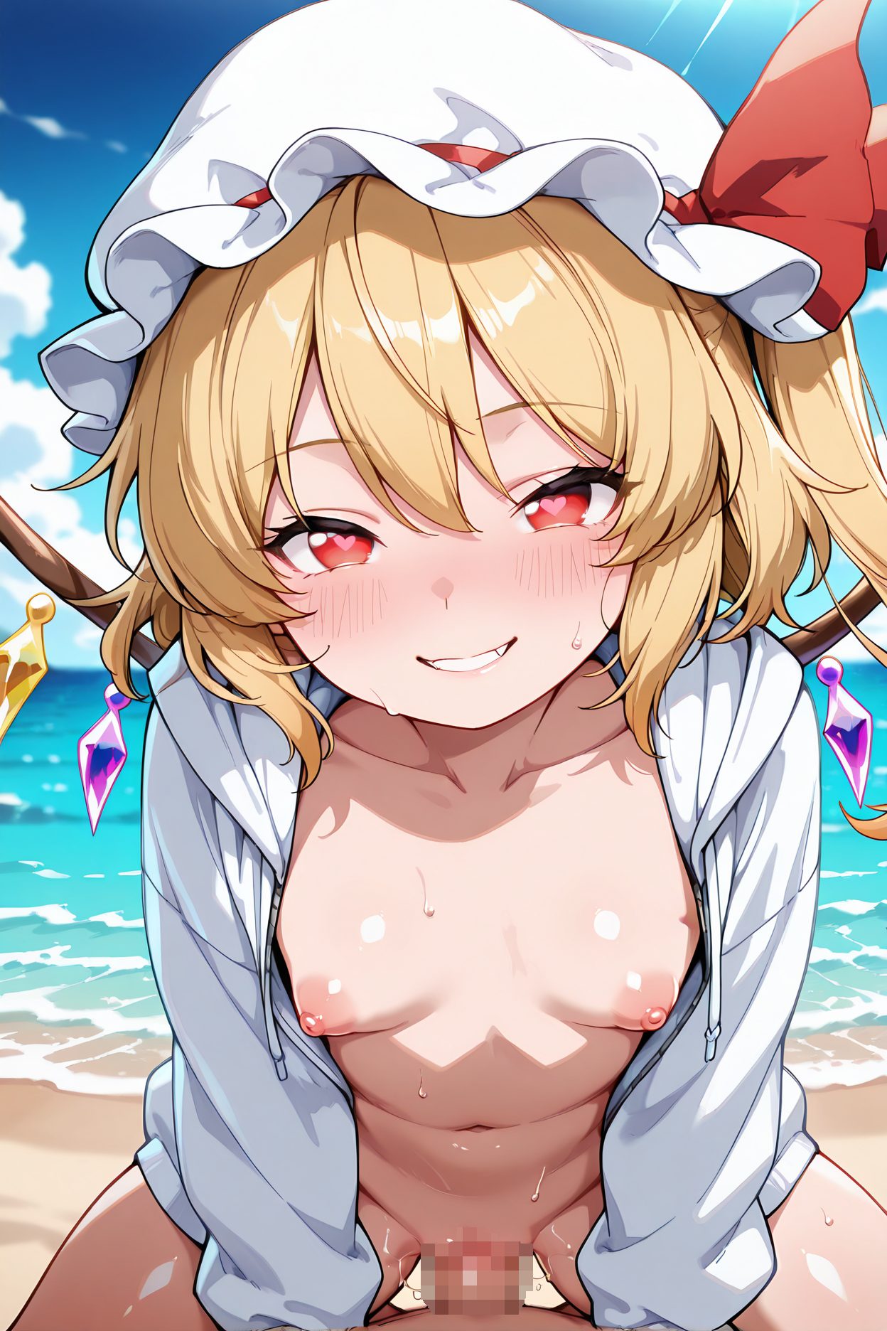 explicit, 1girl, breasts, looking_at_viewer, blush, smile, bangs, blonde_hair, red_eyes, long_sleeves, 1boy, hat, ribbon, navel, hair_between_eyes, nipples, collarbone, jacket, hetero, heart, sweat, small_breasts, outdoors, open_clothes, wings, sky, penis, pussy, solo_focus, day, fang, cloud, hood, sex, water, grin, vaginal, side_ponytail, open_jacket, red_ribbon, blue_sky, symbol-shaped_pupils, uncensored, hoodie, pussy_juice, pov, ocean, white_headwear, one_side_up, beach, heart-shaped_pupils, mob_cap, hat_ribbon, straddling, girl_on_top, cowgirl_position, crystal, happy_sex, open_hoodie, naked_jacket, naked_hoodie, flandre_scarlet, 赤面, 笑顔, 前髪, 金髪, 赤い目, 帽子, リボン, 目にかかる髪, 乳首, 鎖骨, 汗, 小さな胸, 衣服開く, セックス, 膣内, サイドポニーテール, 赤リボン, 無修正, パーカー, 愛液, 白頭飾, 片側アップ, ハート目, モブキャップ, 帽子リボン, 跨がり, 女上位, 騎乗位, 幸せセックス, フランドール・スカーレット