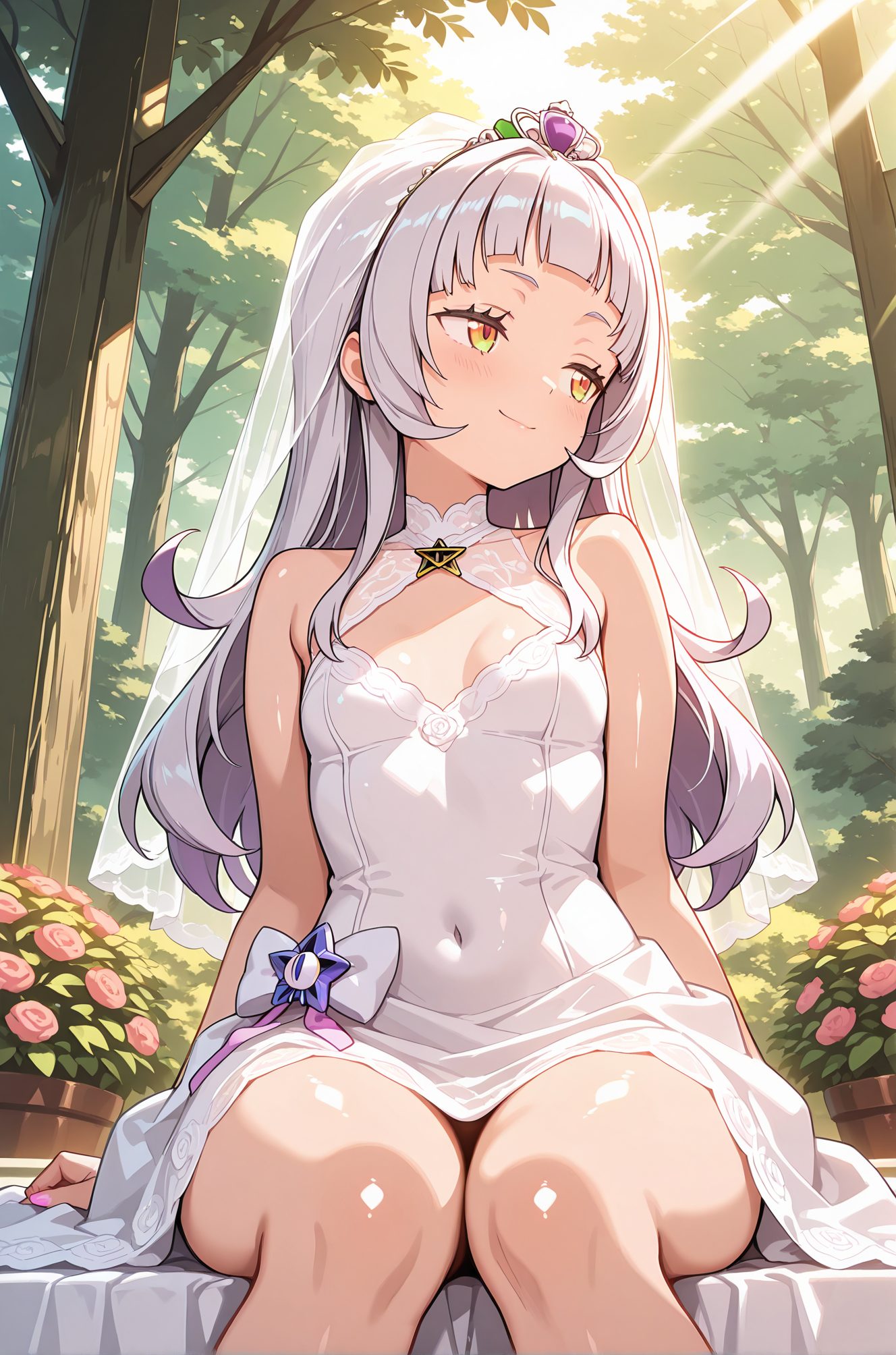 sensitive, 1girl, solo, long_hair, breasts, blush, smile, bangs, dress, bare_shoulders, sitting, closed_mouth, yellow_eyes, flower, grey_hair, small_breasts, outdoors, sleeveless, virtual_youtuber, blunt_bangs, white_dress, tree, looking_to_the_side, covered_navel, sunlight, tiara, veil, wedding_dress, bridal_veil, murasaki_shion, 長い髪, 赤面, 笑顔, 前髪, 肩出し, 座り, 口閉じ, 灰髪, 小さな胸, バーチャルYouTuber, 紫咲シオン