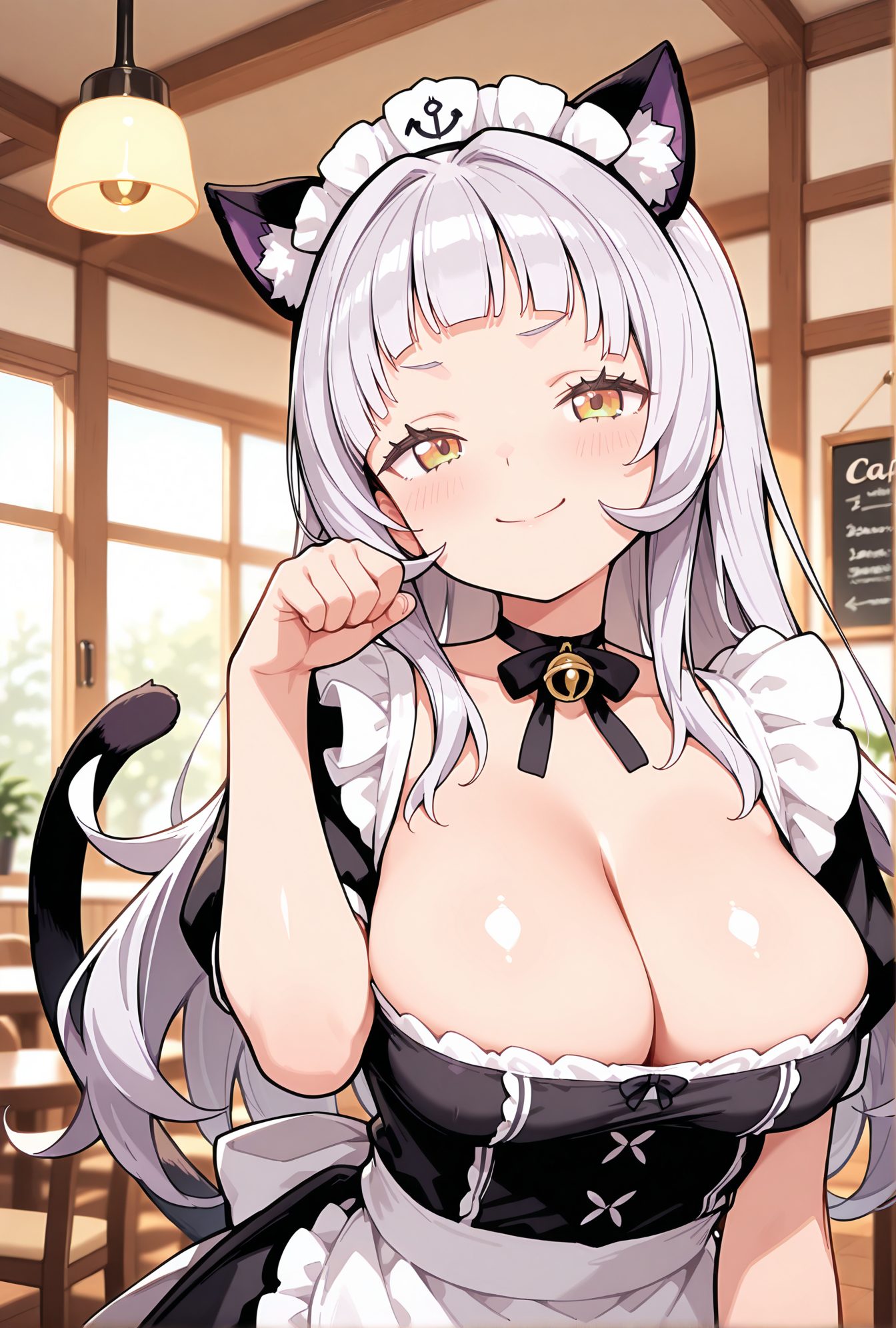 sensitive, 1girl, solo, long_hair, breasts, looking_at_viewer, blush, smile, bangs, large_breasts, dress, animal_ears, cleavage, closed_mouth, collarbone, tail, yellow_eyes, upper_body, white_hair, short_sleeves, grey_hair, frills, alternate_costume, choker, puffy_sleeves, indoors, virtual_youtuber, cat_ears, hand_up, blunt_bangs, apron, black_dress, puffy_short_sleeves, cat_tail, animal_ear_fluff, maid, maid_headdress, bell, black_choker, cat_girl, waist_apron, white_apron, jingle_bell, neck_bell, maid_apron, alternate_breast_size, frilled_apron, paw_pose, enmaided, short_eyebrows, murasaki_shion, 長い髪, 赤面, 笑顔, 前髪, 大きな胸, 動物耳, 口閉じ, 鎖骨, 白髪, 灰髪, チョーカー, バーチャルYouTuber, 黒チョーカー, ウエストエプロン, 紫咲シオン