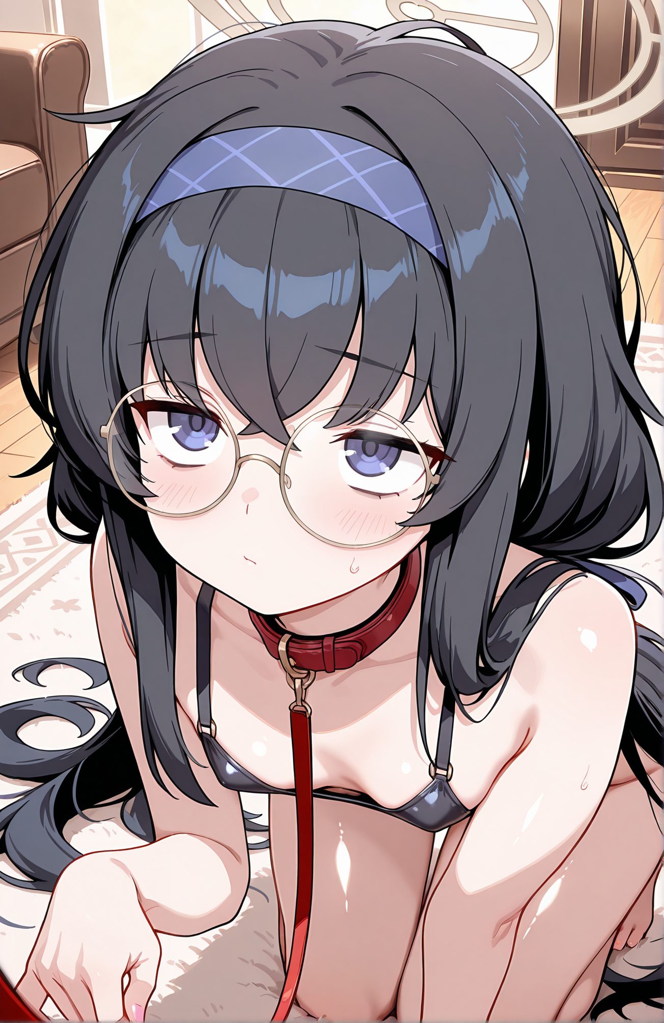questionable, 1girl, solo, long_hair, breasts, looking_at_viewer, blush, bangs, blue_eyes, black_hair, hair_between_eyes, bare_shoulders, very_long_hair, closed_mouth, collarbone, swimsuit, bikini, sweat, hairband, small_breasts, glasses, barefoot, indoors, collar, black_bikini, bottomless, halo, all_fours, micro_bikini, crossed_bangs, leash, round_eyewear, bags_under_eyes, blue_hairband, animal_collar, viewer_holding_leash, pet_play, eyewear_strap, ui_(blue_archive), 長い髪, 赤面, 前髪, 青い目, 黒髪, 目にかかる髪, 肩出し, とても長い髪, 口閉じ, 鎖骨, 水着, ビキニ, 汗, ヘアバンド, 小さな胸, 下半身裸, 四つん這い, マイクロビキニ, ペットプレイ, ウイ（ブルーアーカイブ）