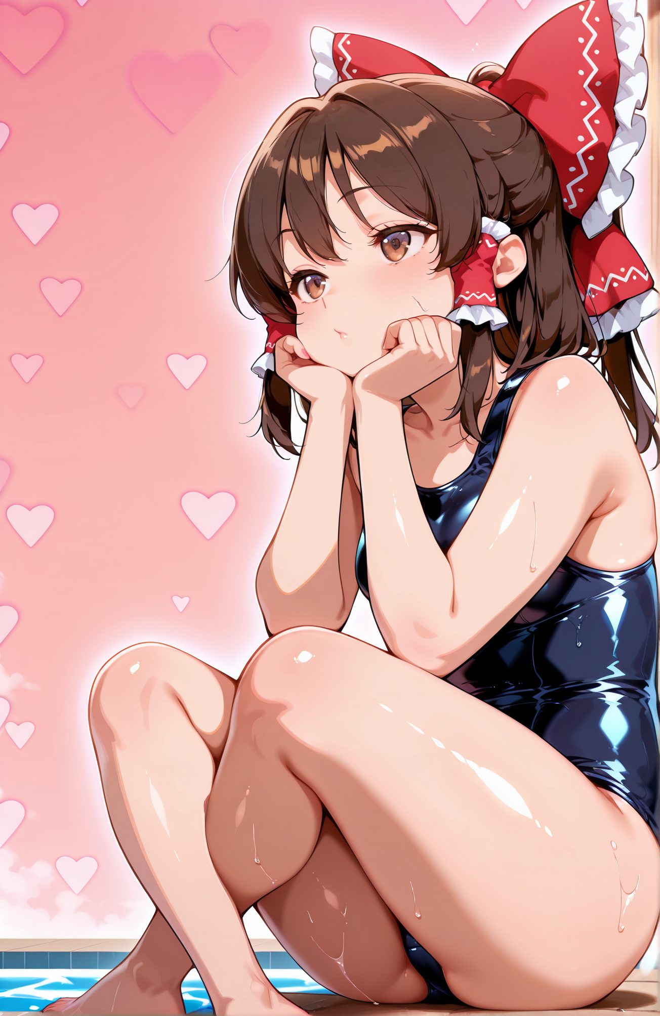 sensitive, 1girl, solo, breasts, blush, bangs, brown_hair, bow, bare_shoulders, brown_eyes, sitting, collarbone, swimsuit, hair_bow, heart, sidelocks, thighs, frills, barefoot, shiny, water, red_bow, shiny_hair, wet, gradient, one-piece_swimsuit, shiny_skin, bare_arms, gradient_background, bare_legs, hair_tubes, pink_background, school_swimsuit, shiny_clothes, blue_one-piece_swimsuit, hands_on_own_face, frilled_bow, hands_on_own_cheeks, hakurei_reimu, 赤面, 前髪, 茶髪, ボウ, 肩出し, 座り, 鎖骨, 水着, 髪ボウ, サイドロック, 光沢, 赤リボン, ワンピース水着, 光沢肌, 学校水着, 博麗霊夢