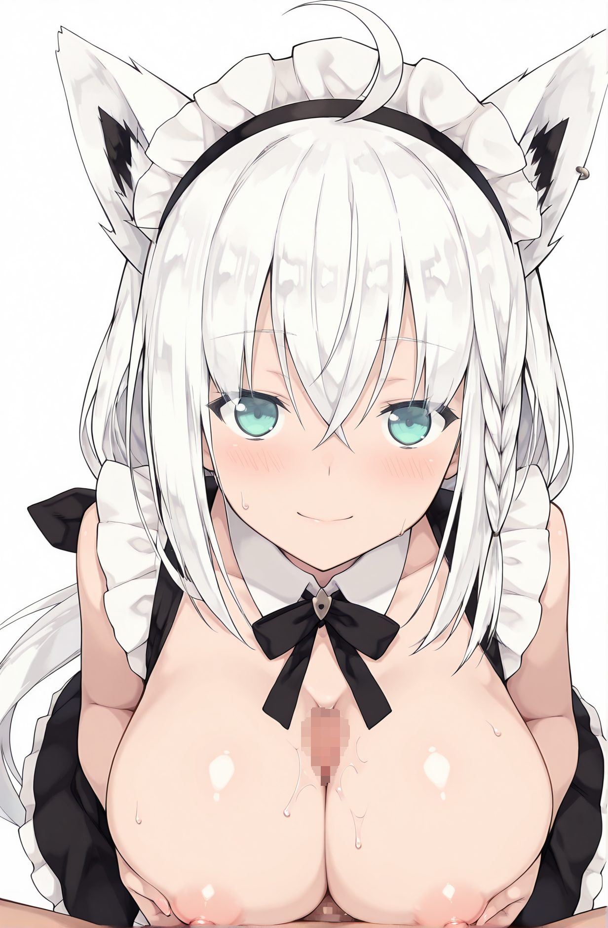 explicit, 1girl, long_hair, breasts, looking_at_viewer, blush, smile, bangs, large_breasts, simple_background, 1boy, white_background, animal_ears, hair_between_eyes, jewelry, closed_mouth, nipples, braid, ahoge, white_hair, hetero, sweat, earrings, penis, solo_focus, alternate_costume, virtual_youtuber, aqua_eyes, animal_ear_fluff, maid, maid_headdress, fox_ears, uncensored, black_bow, detached_collar, pov, fox_girl, side_braid, paizuri, single_earring, breasts_squeezed_together, shirakami_fubuki, 長い髪, 赤面, 笑顔, 前髪, 大きな胸, 動物耳, 目にかかる髪, ジュエリー, 口閉じ, 乳首, アホ毛, 白髪, 汗, イヤリング, バーチャルYouTuber, 無修正, パイズリ, 白上フブキ