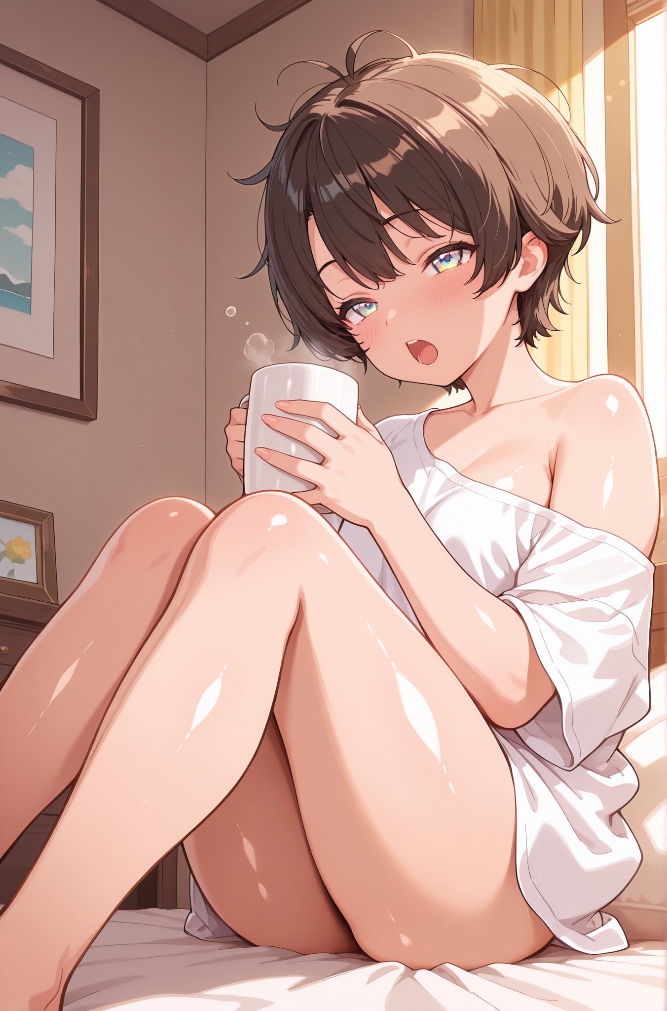 sensitive, 1girl, solo, breasts, looking_at_viewer, blush, short_hair, open_mouth, bangs, blue_eyes, brown_hair, shirt, holding, bare_shoulders, sitting, collarbone, white_shirt, ass, short_sleeves, thighs, shiny, indoors, virtual_youtuber, off_shoulder, aqua_eyes, cup, legs, shiny_skin, bare_legs, bed, feet_out_of_frame, swept_bangs, on_bed, upper_teeth_only, messy_hair, holding_cup, knees_up, mug, naked_shirt, sleepy, picture_frame, waking_up, morning, oozora_subaru, 赤面, 短い髪, 口開き, 前髪, 青い目, 茶髪, シャツ, 肩出し, 座り, 鎖骨, 白シャツ, 光沢, バーチャルYouTuber, 光沢肌, 膝上げ, 大空スバル, Posted